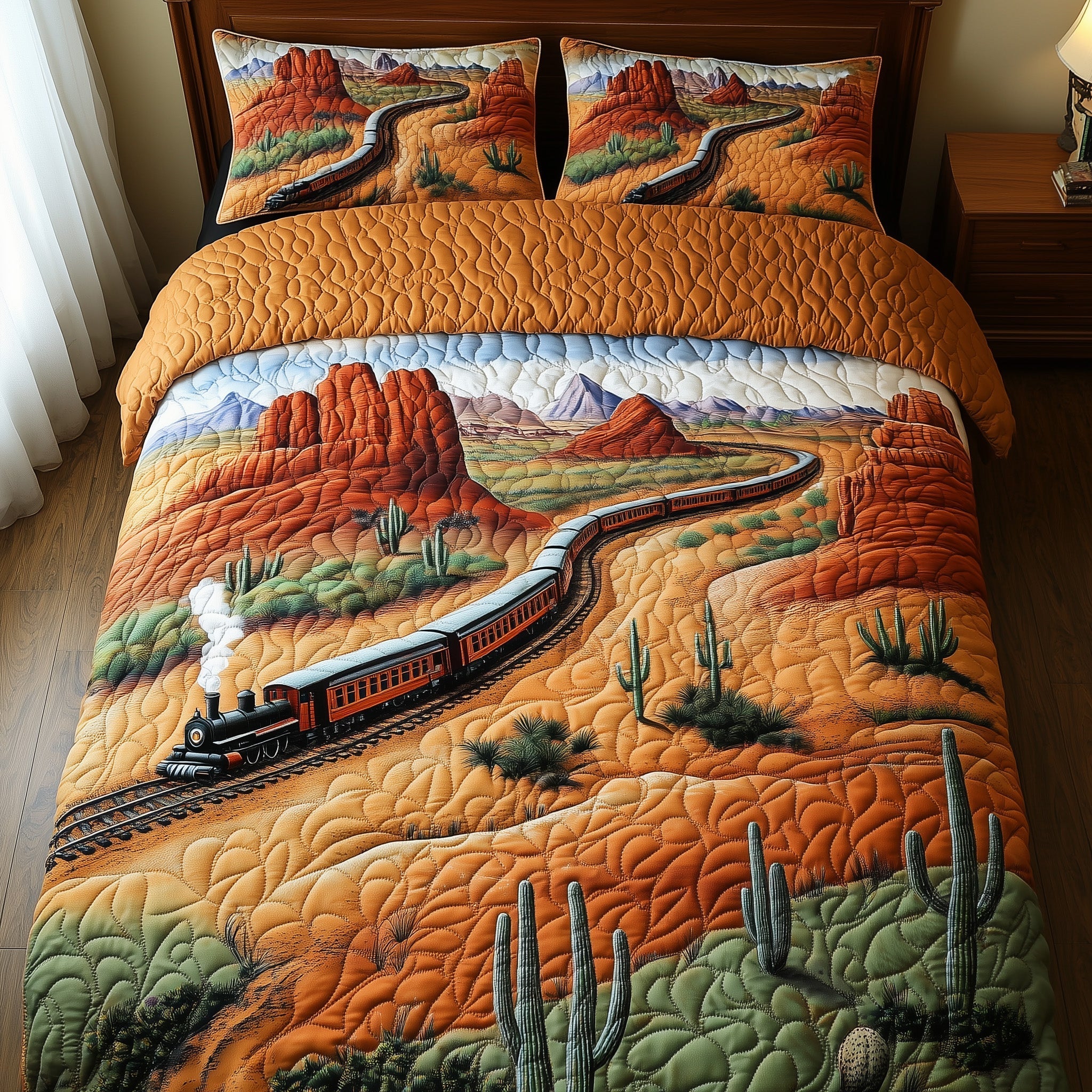 Western Train Trail Quilted Bedding Set Unusual Bed Sheets Train Gifts For Men