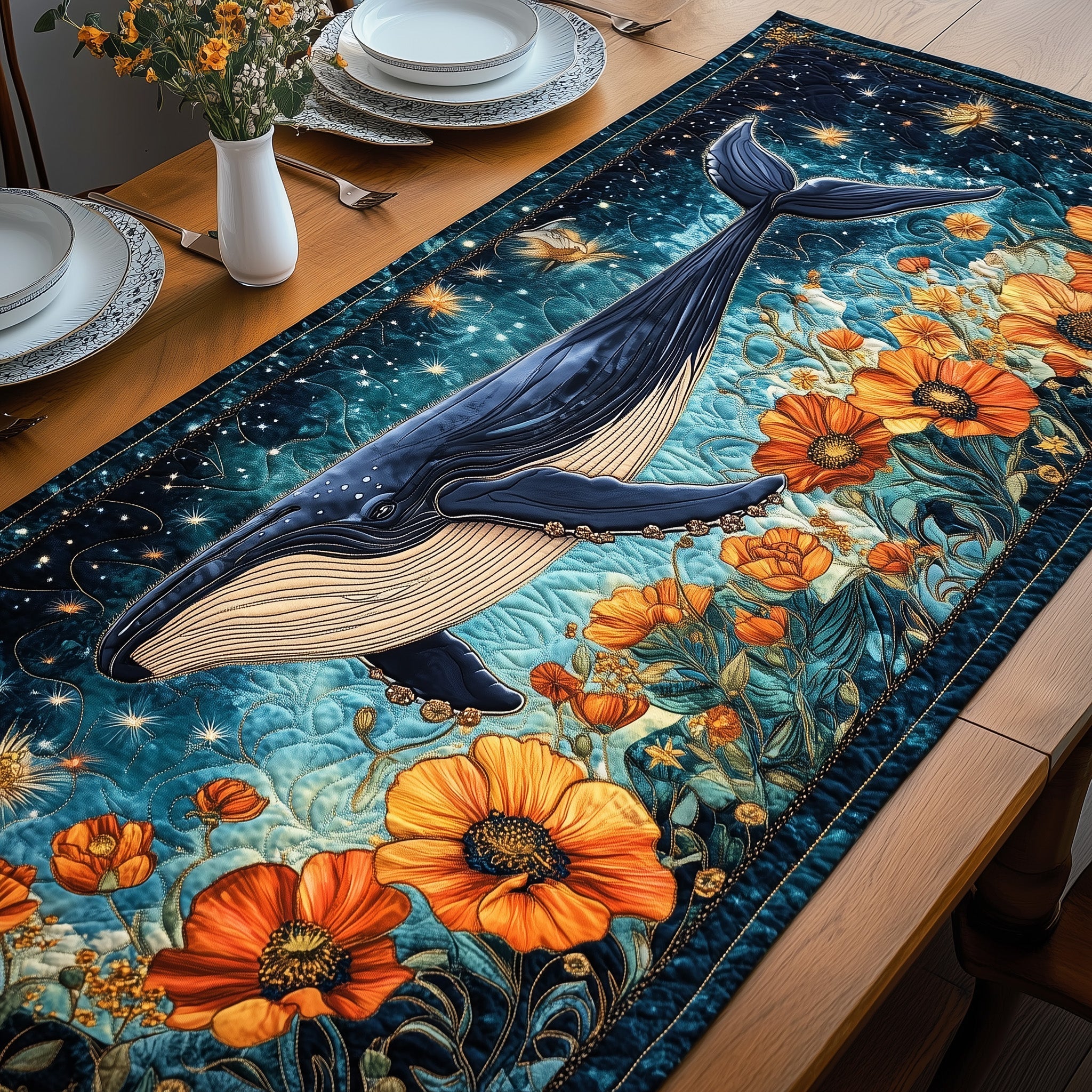 Whale of Wonders Quilted Table Runner Dining Room Table Runners Gifts For Fishing Lovers