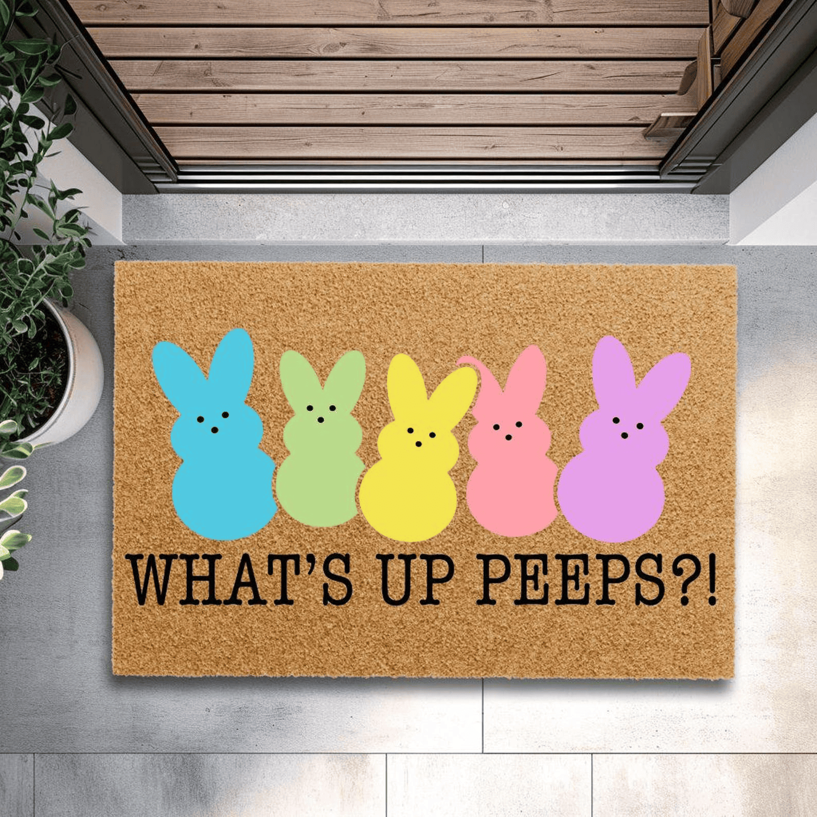 Whats Up Peeps Colorful Pastel Doormat Easter Bunny Colorful Spring Welcome Mat Easter Gifts