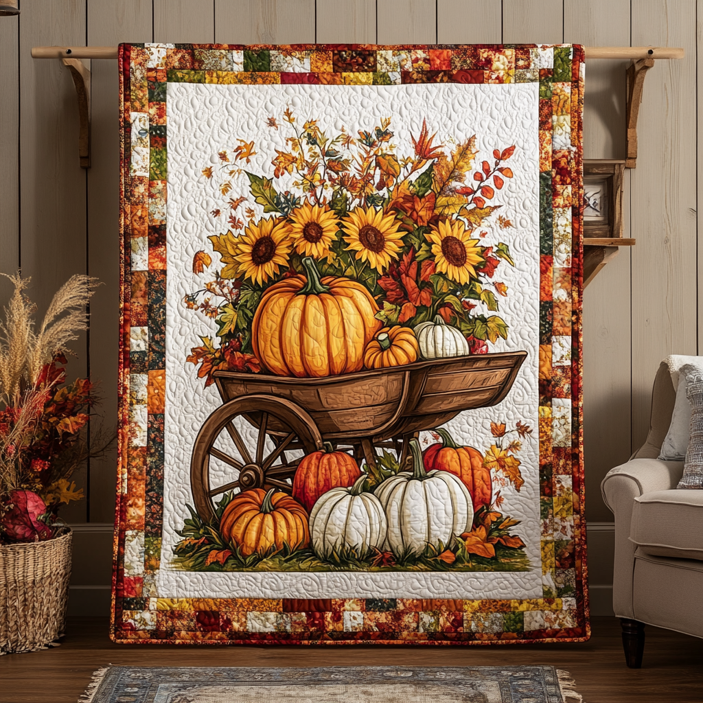 Wheelbarrow Havest Time Quilted Blanket Comforter Sets Queen Thanksgiving Day Gifts