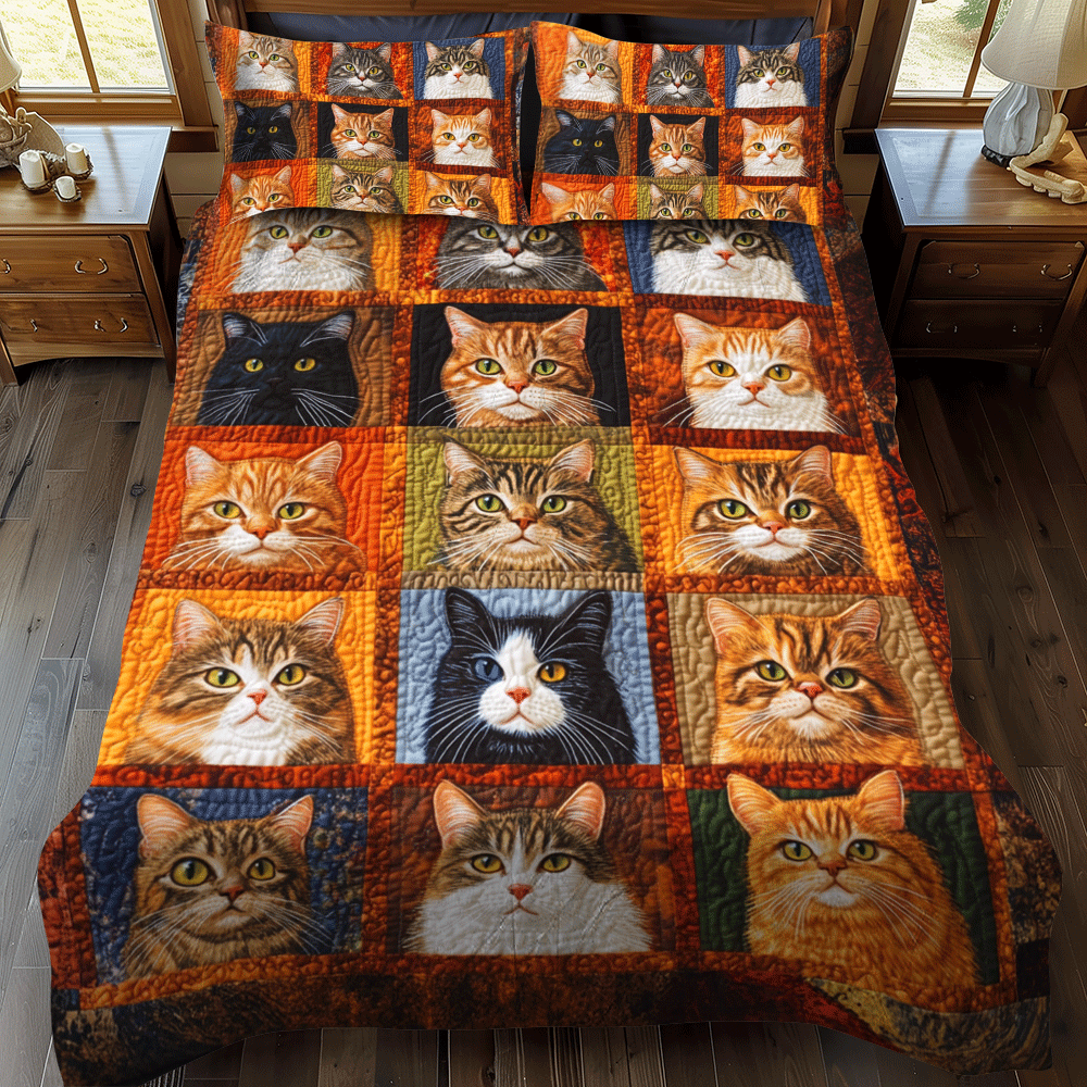 Whimsical Cat Patterned Quilted Bedding Set Bed Decor Gifts For Cat People
