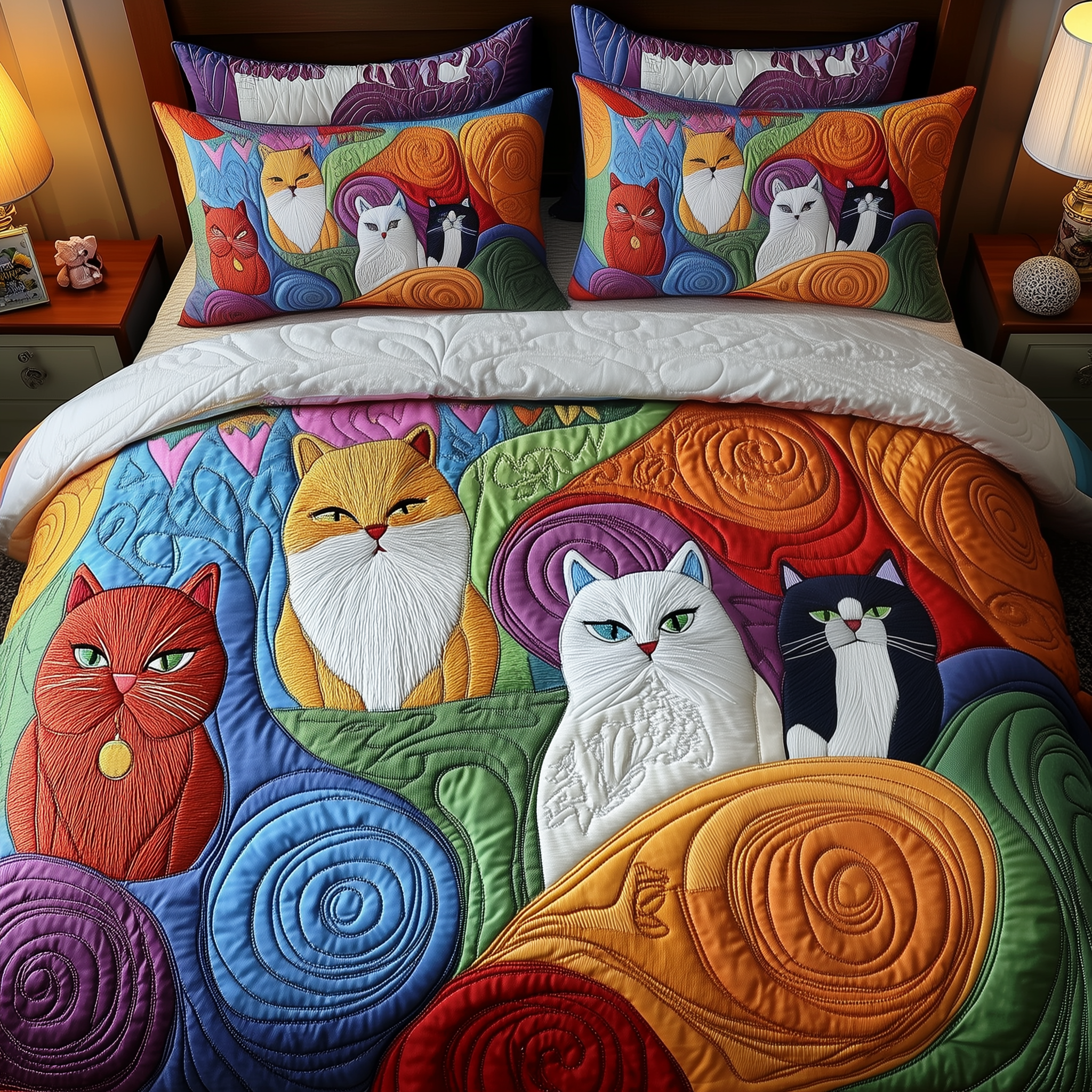 Whimsical Cat Quilted Bedding Set Best King Sheets Cat Presents For Women