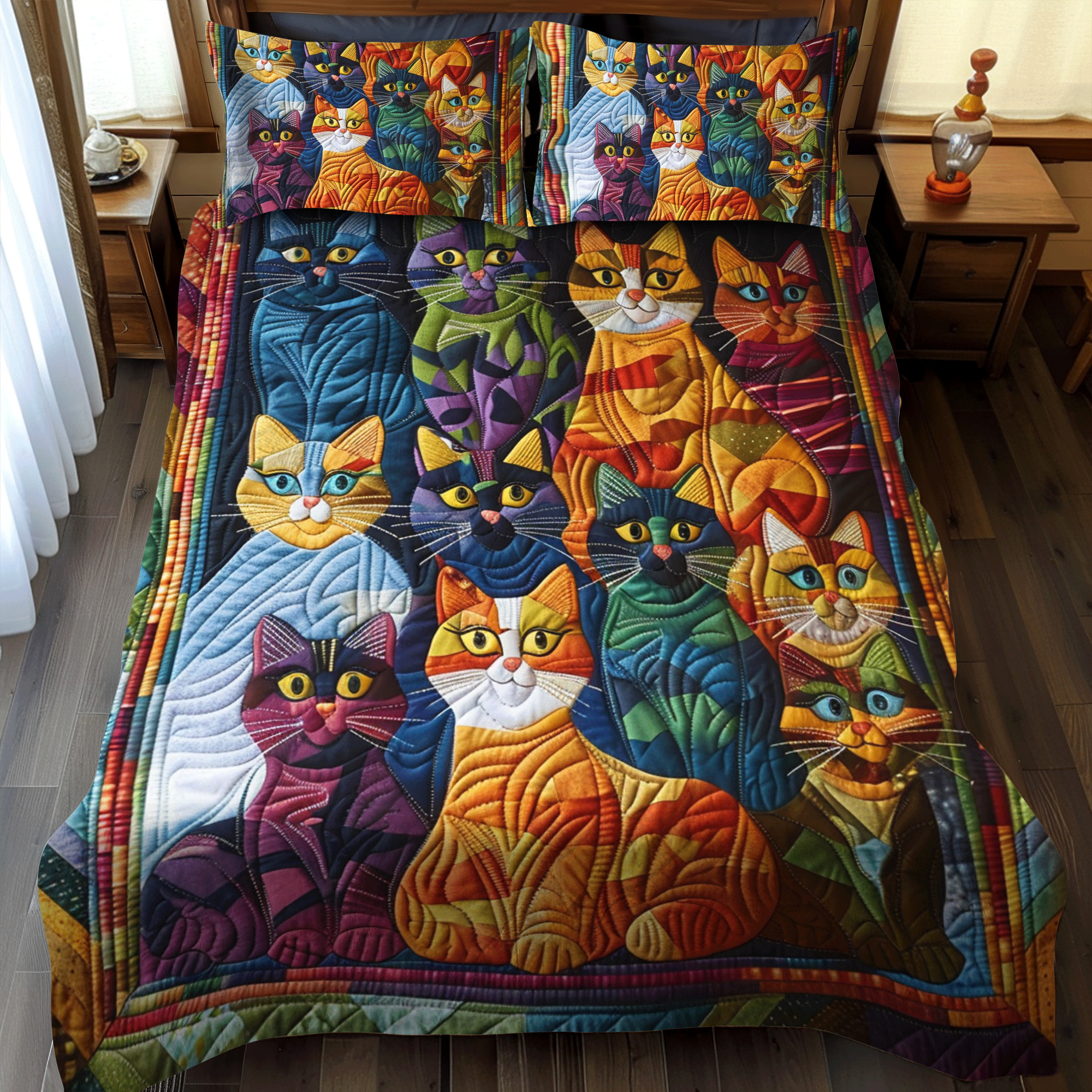 Whimsical Cat Quilted Bedding Set Cute Queen Bed Sheets Best Cat Gifts For Christmas
