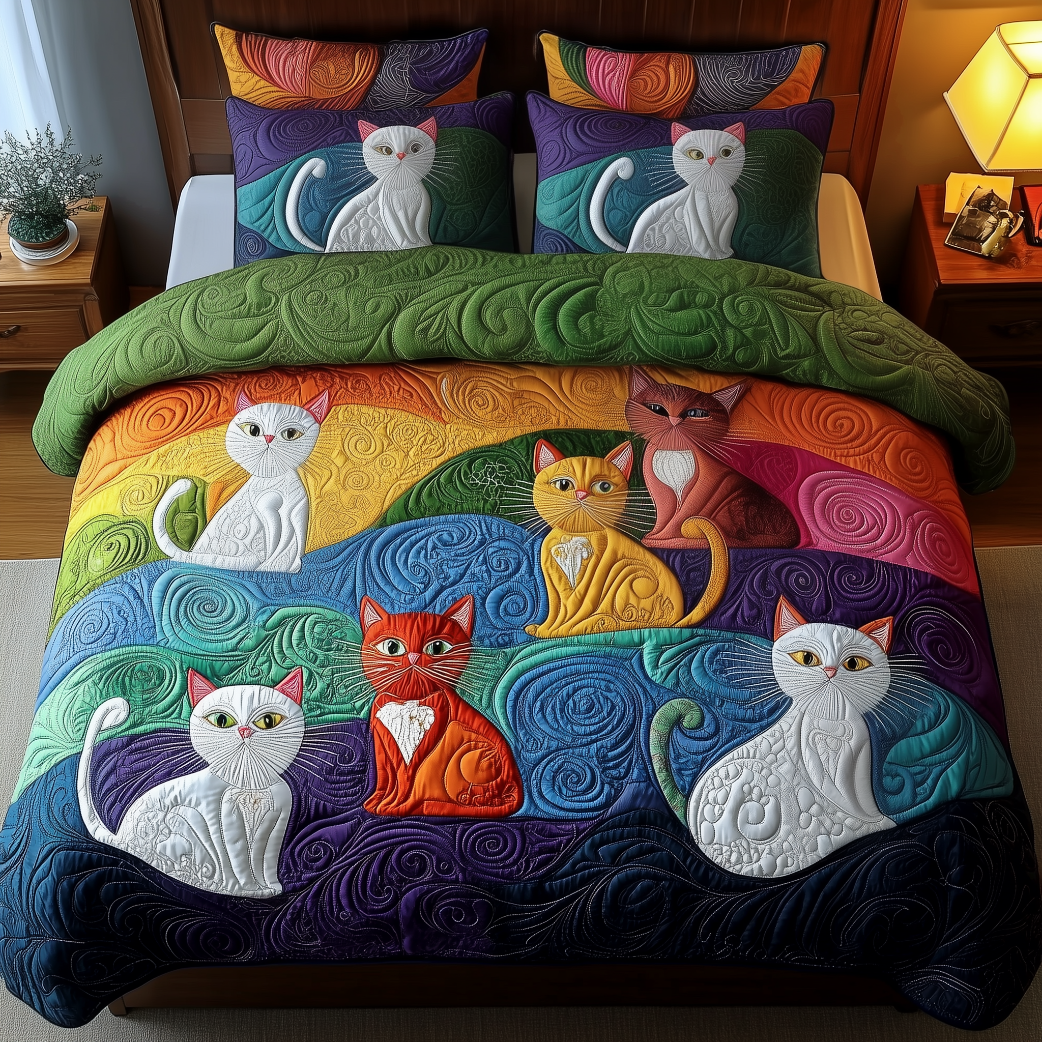 Whimsical Cat Quilted Bedding Set Queen Bed Set Cat Gifts Women