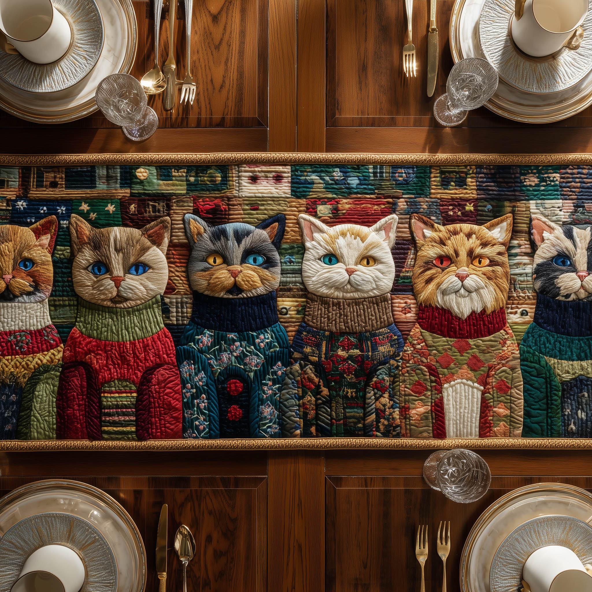 Whimsical Cats Quilted Table Runner Elegant Holiday Decor Xmas Gift For Cat