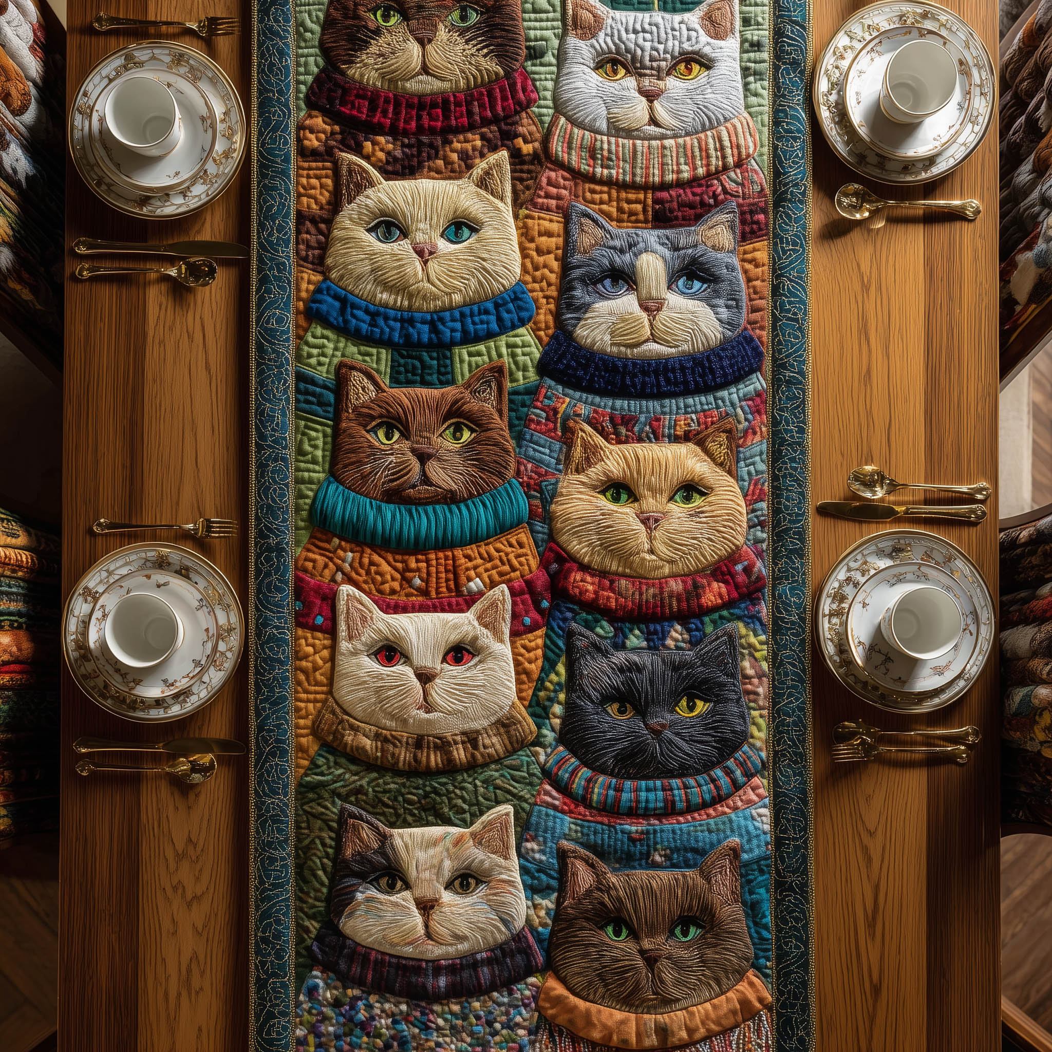 Whimsical Cats Quilted Table Runner Elegant Holiday Table Runners Cat Mom Gifts