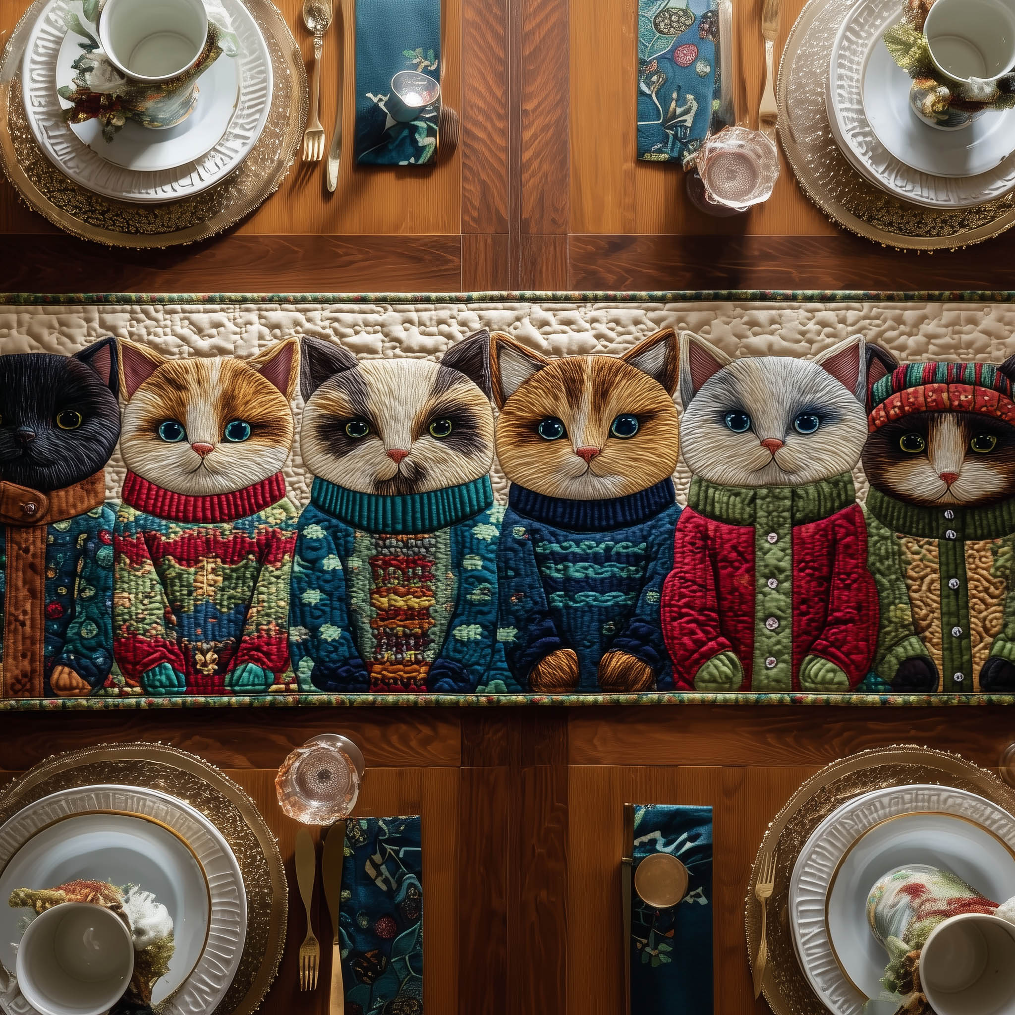 Whimsical Cats Quilted Table Runner Holiday Dining Table Decor Unique Gifts For Cat Lovers