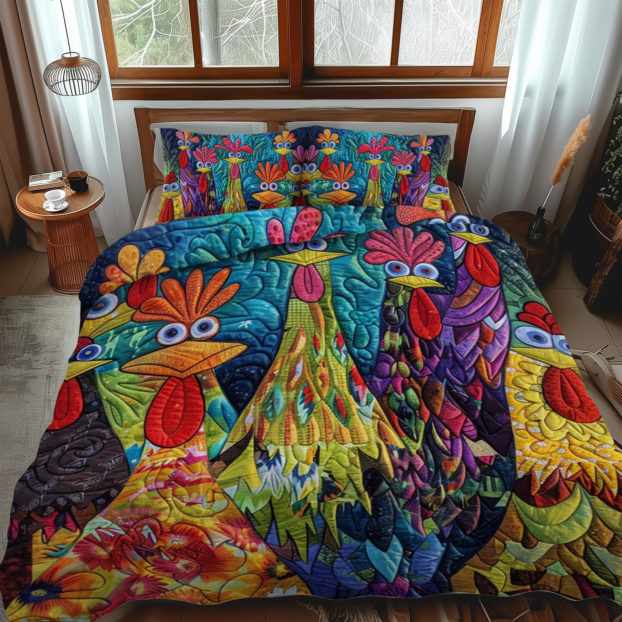 Whimsical Chickens Quilted Bedding Set Best King Sheets Gifts For Hen Lovers
