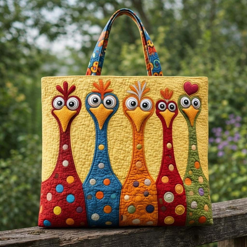 Whimsical Chickens Quilted Tote Bag Colorful Shoulder Bag For Women Chicken Themed Gifts