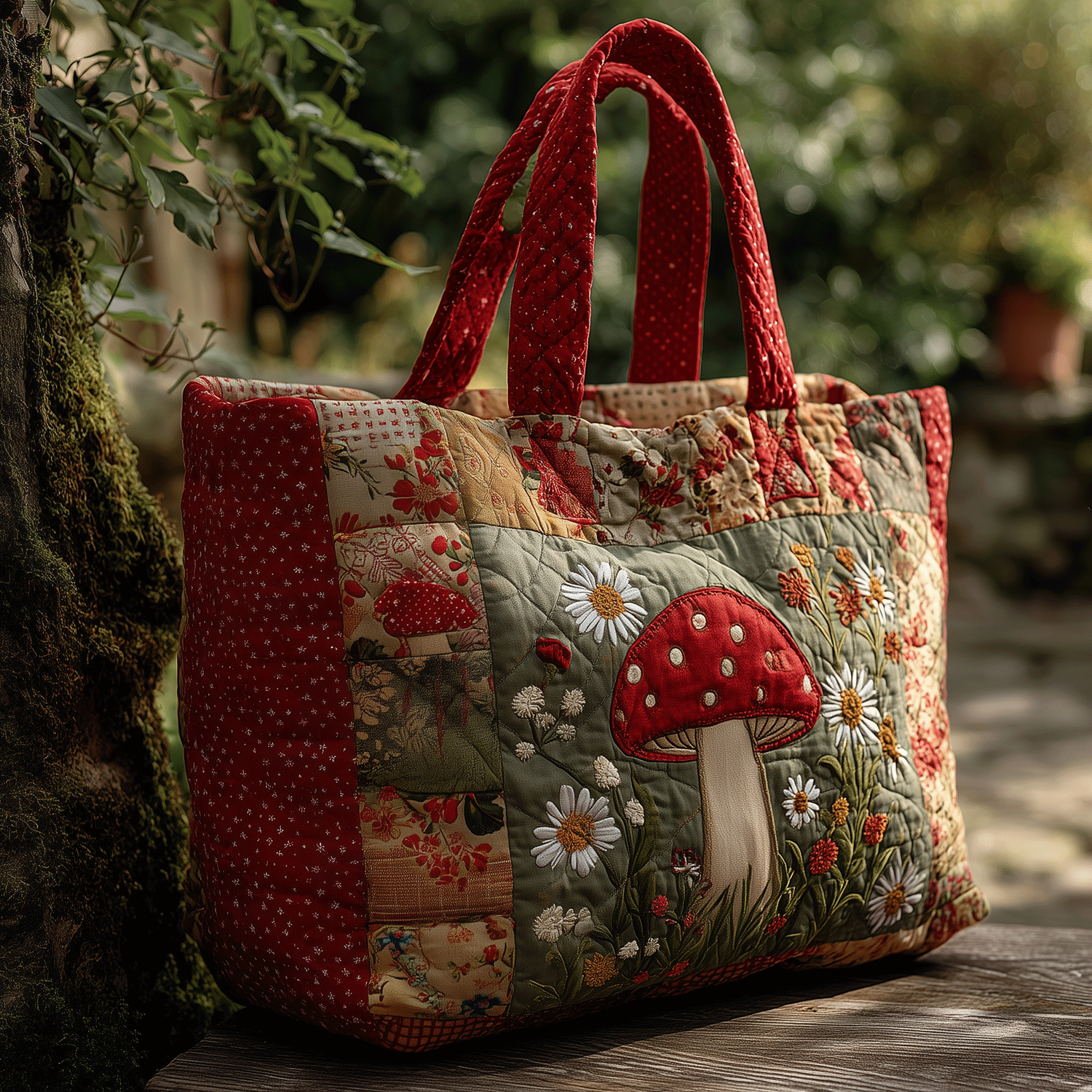 Whimsical Mushroom World Quilted Tote Bag Perfect Everyday Tote Bag Mothers Day Gift Suggestions