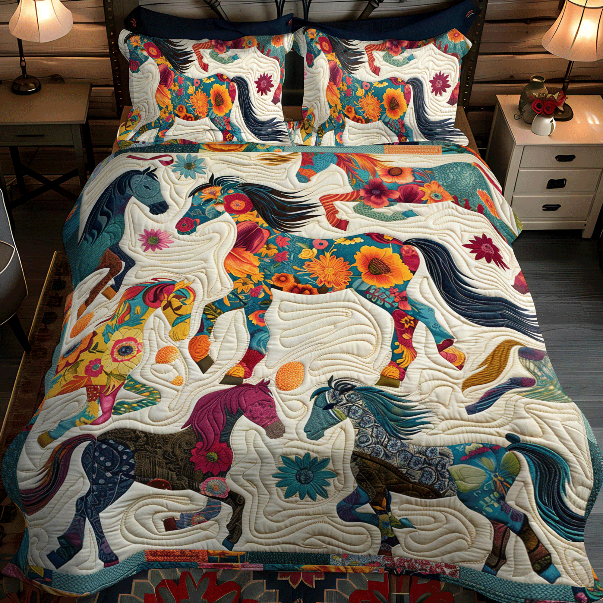 Whimsical Running Horse Quilted Bedding Set Cute Bed Sheet Set Cool Gifts For Horse Lovers