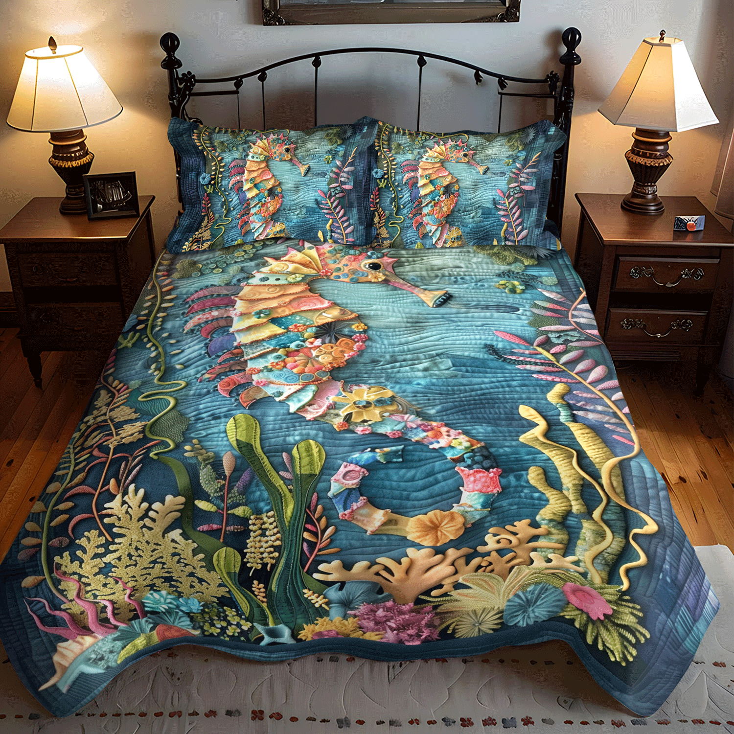 Whimsical Seahorse Quilted Bedding Set Cute Bed Sheets For Teens Unique Gifts For Ocean Lovers