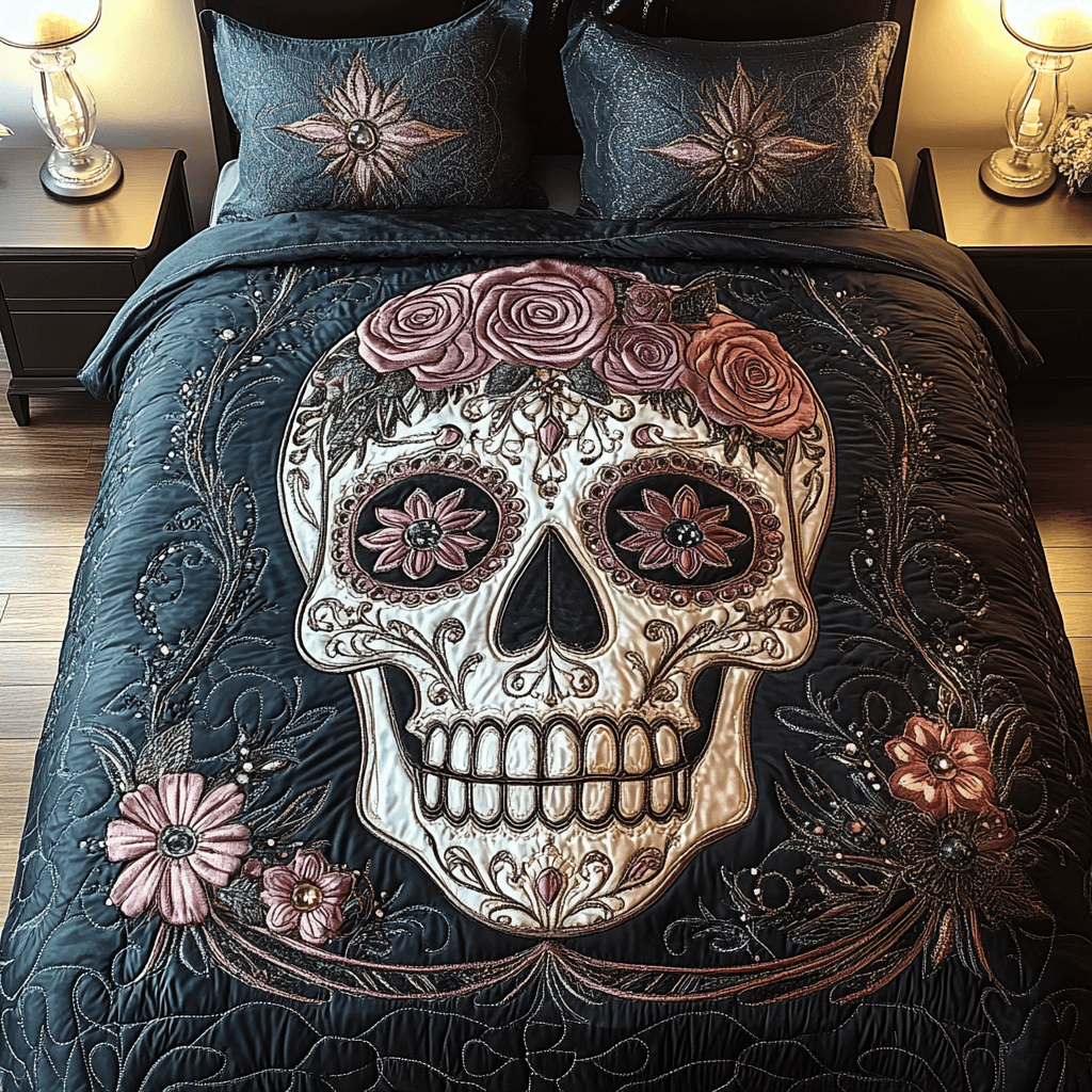 Whimsical Skull Quilted Bedding Set Unique Bed Sheet Set Skull Birthday Presents