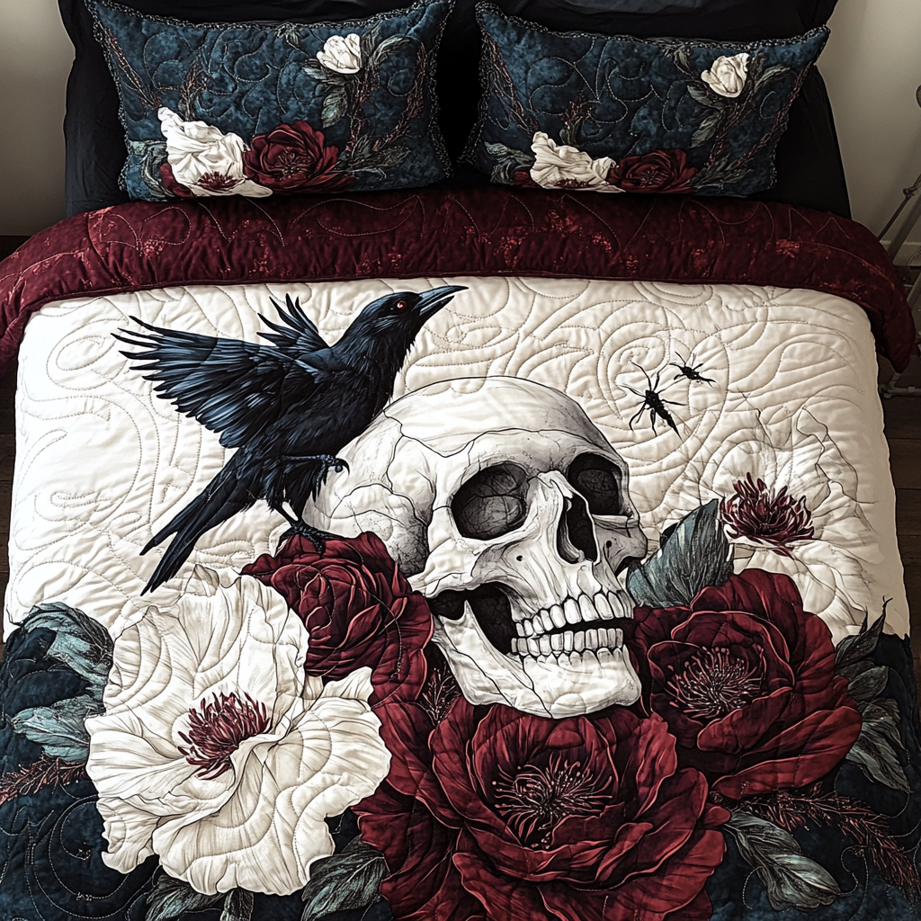 Whimsical Skull Quilted Bedding Set Unique Bed Sheets Gifts For Skull Lovers