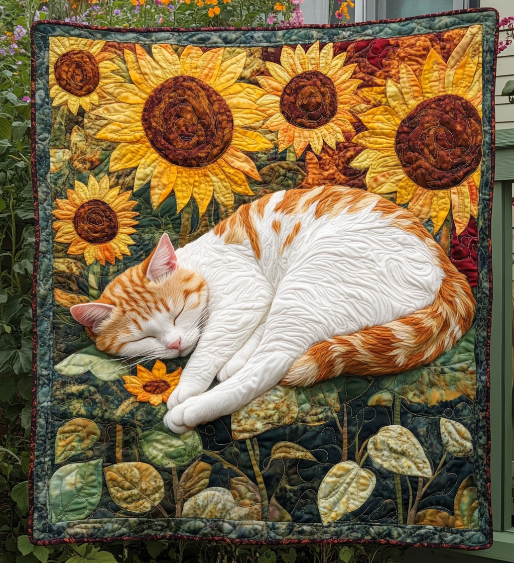 Whimsical Sunflower Kitten Quilted Blanket Bedspreads Birthday Presents For Cat Lovers