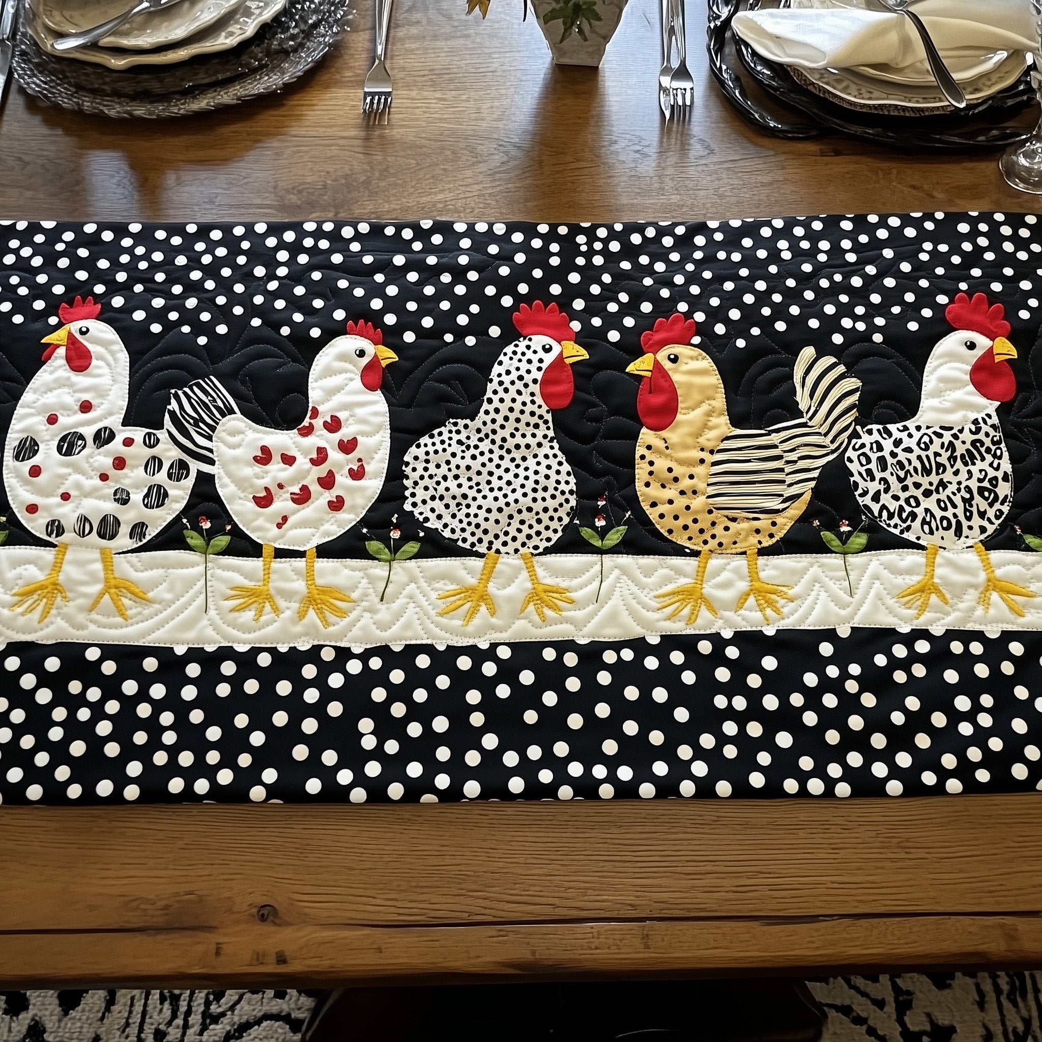 Whimsy Hen Quilted Table Runner Farmhouse Style Table Runners Chicken Christmas Presents