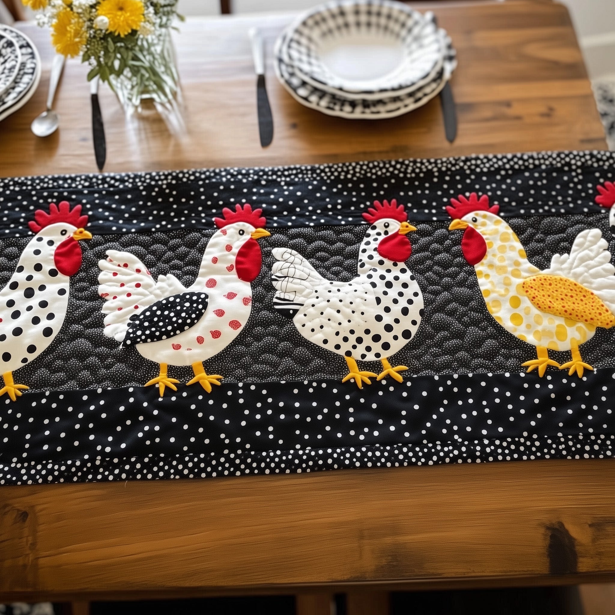 Whimsy Hen Quilted Table Runner Farmhouse Table Runner Chicken Gifts For Women