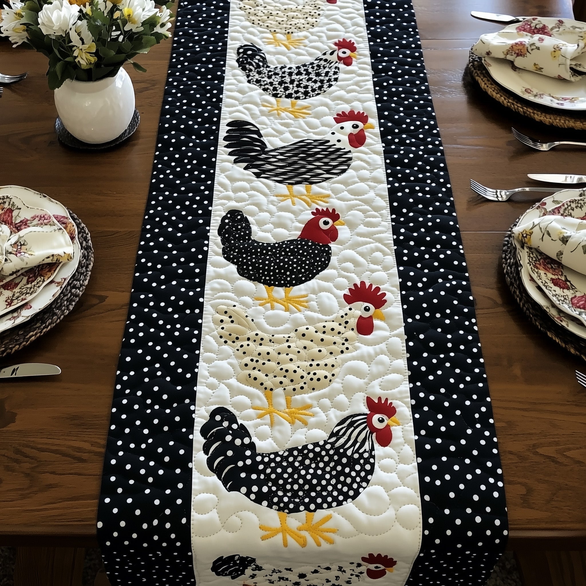 Whimsy Hen Quilted Table Runner Rustic Table Runners Cute Chicken Gifts
