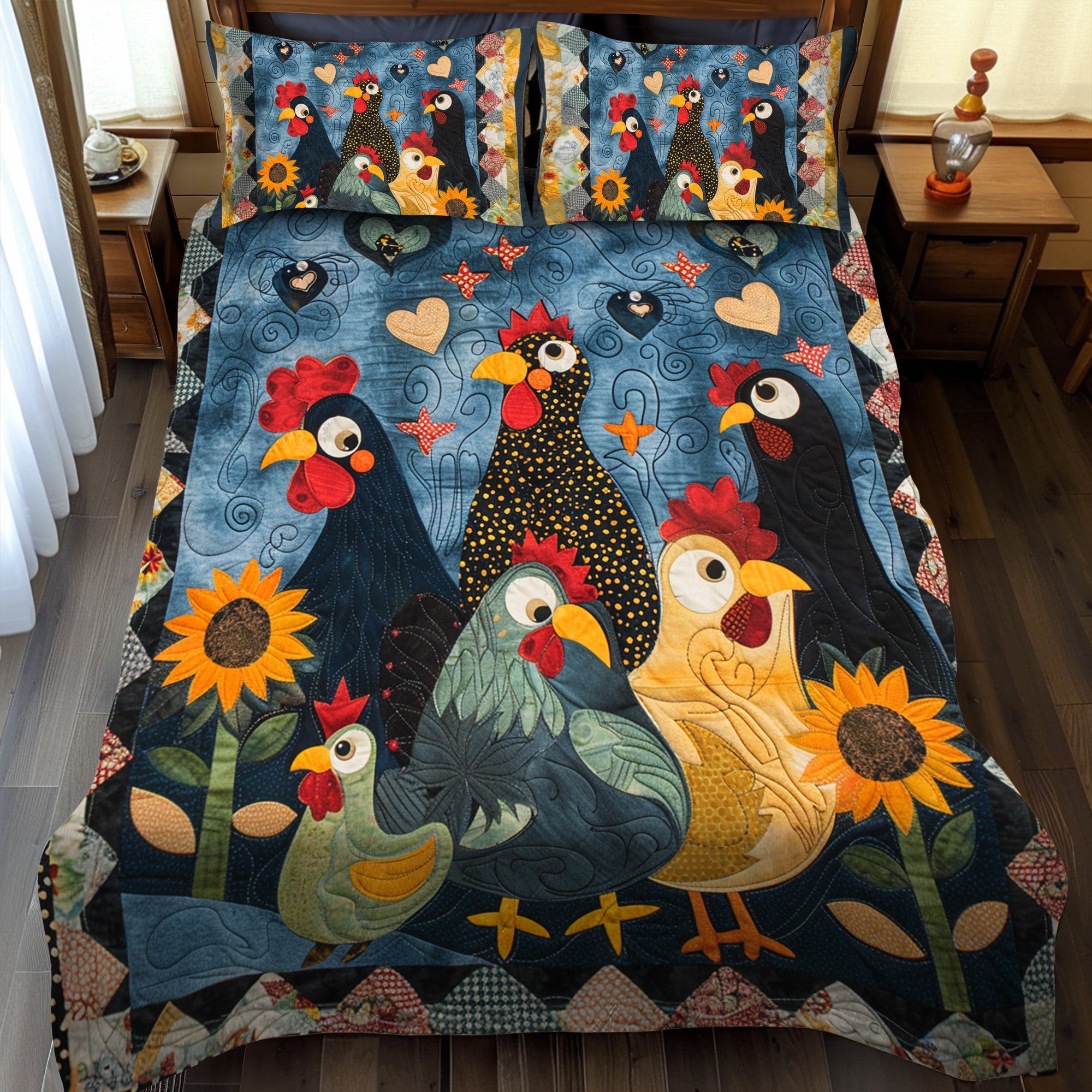 Whimsy Night Farm Quilted Bedding Set Best Bedspread Set Gift Ideas For Chicken Lovers