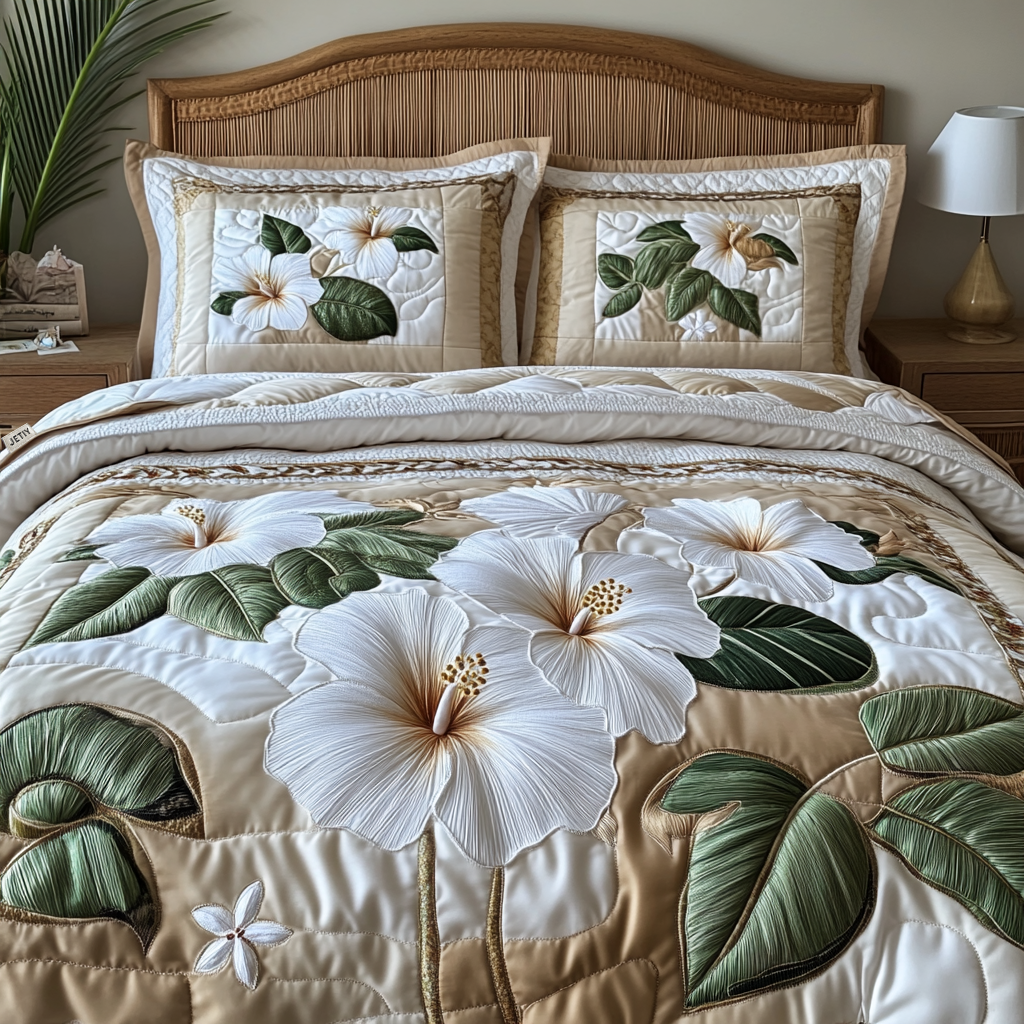 White Hibiscus Quilted Bedding Set Unusual Bed Sheets Summer Beach Gifts