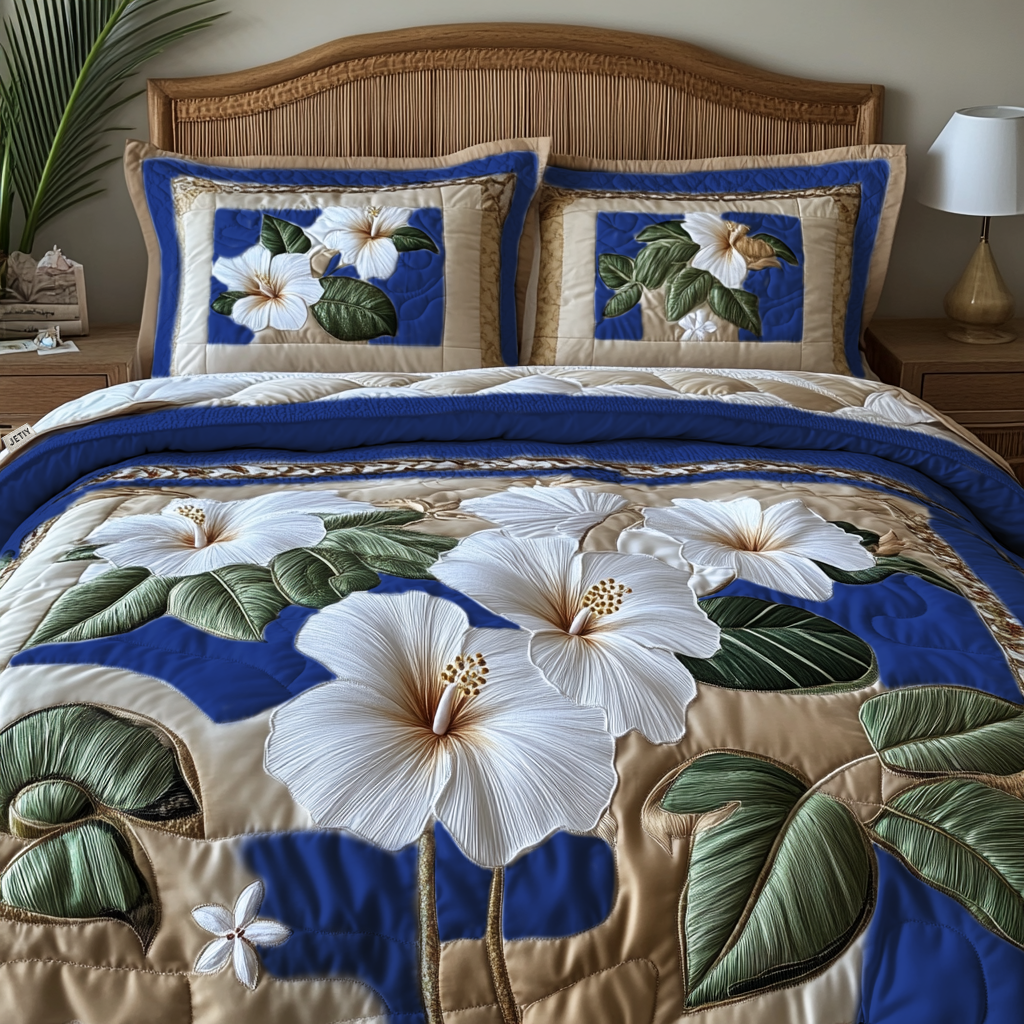 White Hibiscus v2 Quilted Bedding Set Unique Sheet Sets Mothers Birthday Gifts