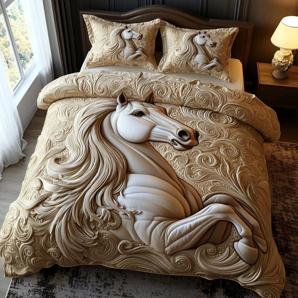 White Horse Quilted Bedding Set Duvet Cover Themed Merch Christmas Presents For Horse Lovers