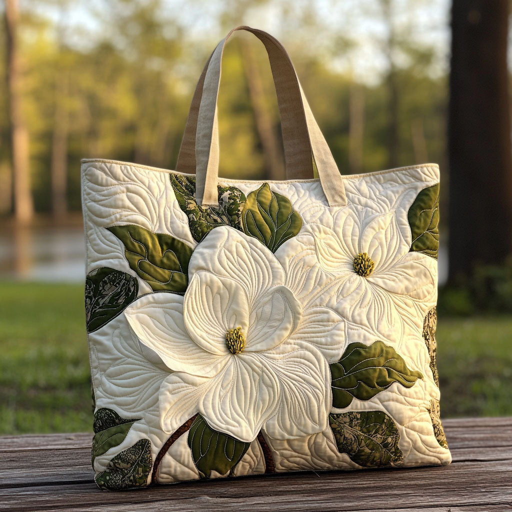 White Magnolia Quilted Tote Bag Best Everyday Shoulder Bag Unusual Mother's Day Gifts