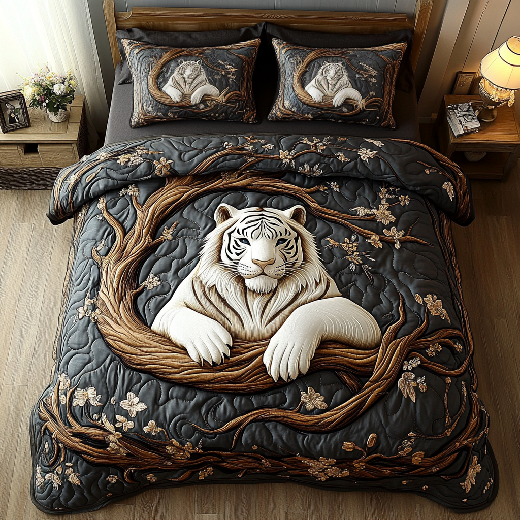 White Tiger Shadows Quilted Bedding Set Bedroom Decorations Tiger Themed Gifts