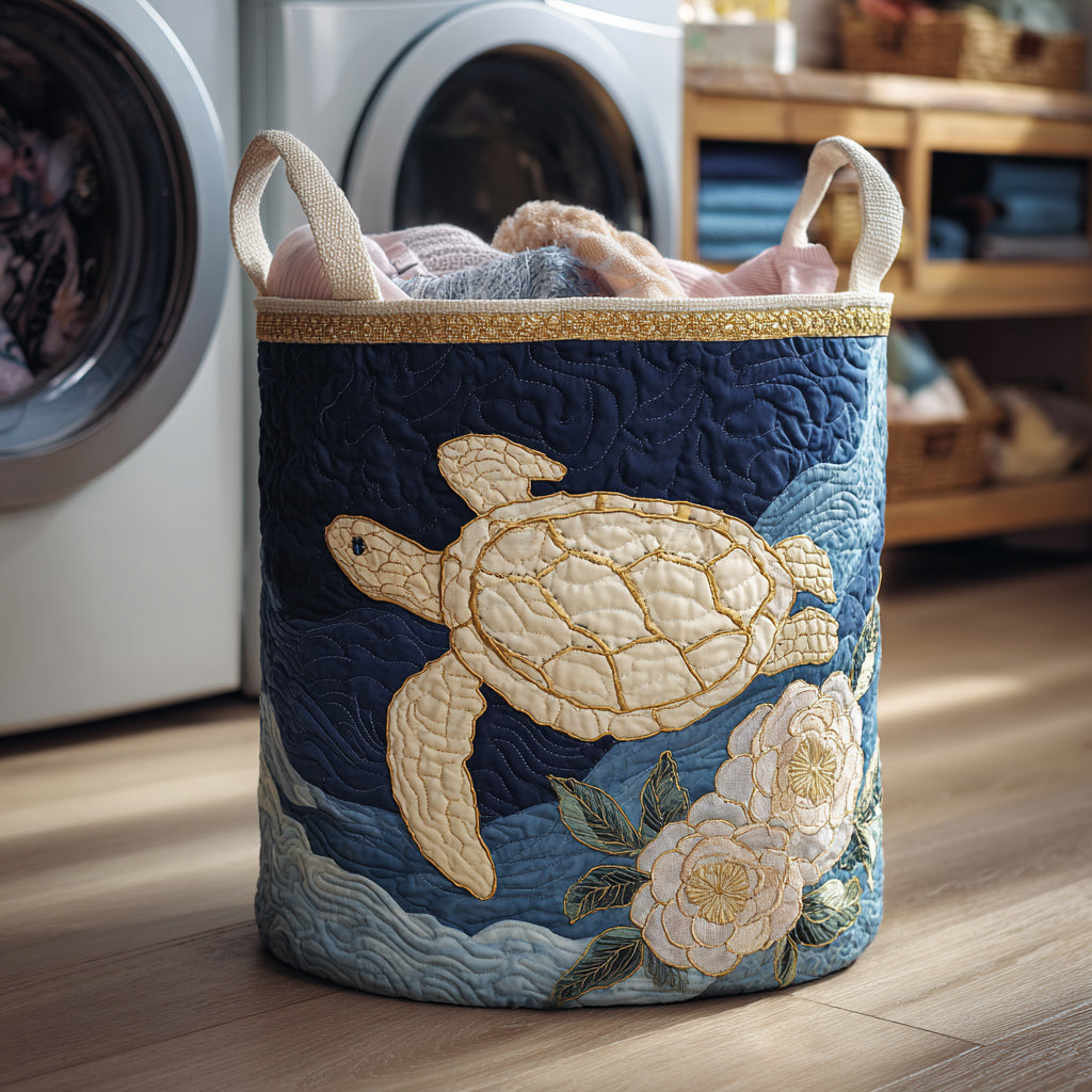 White Turtle Serenity Quilted Laundry Basket Foldable Clothes Hamper Gift Ideas For Sea Turtle Lovers
