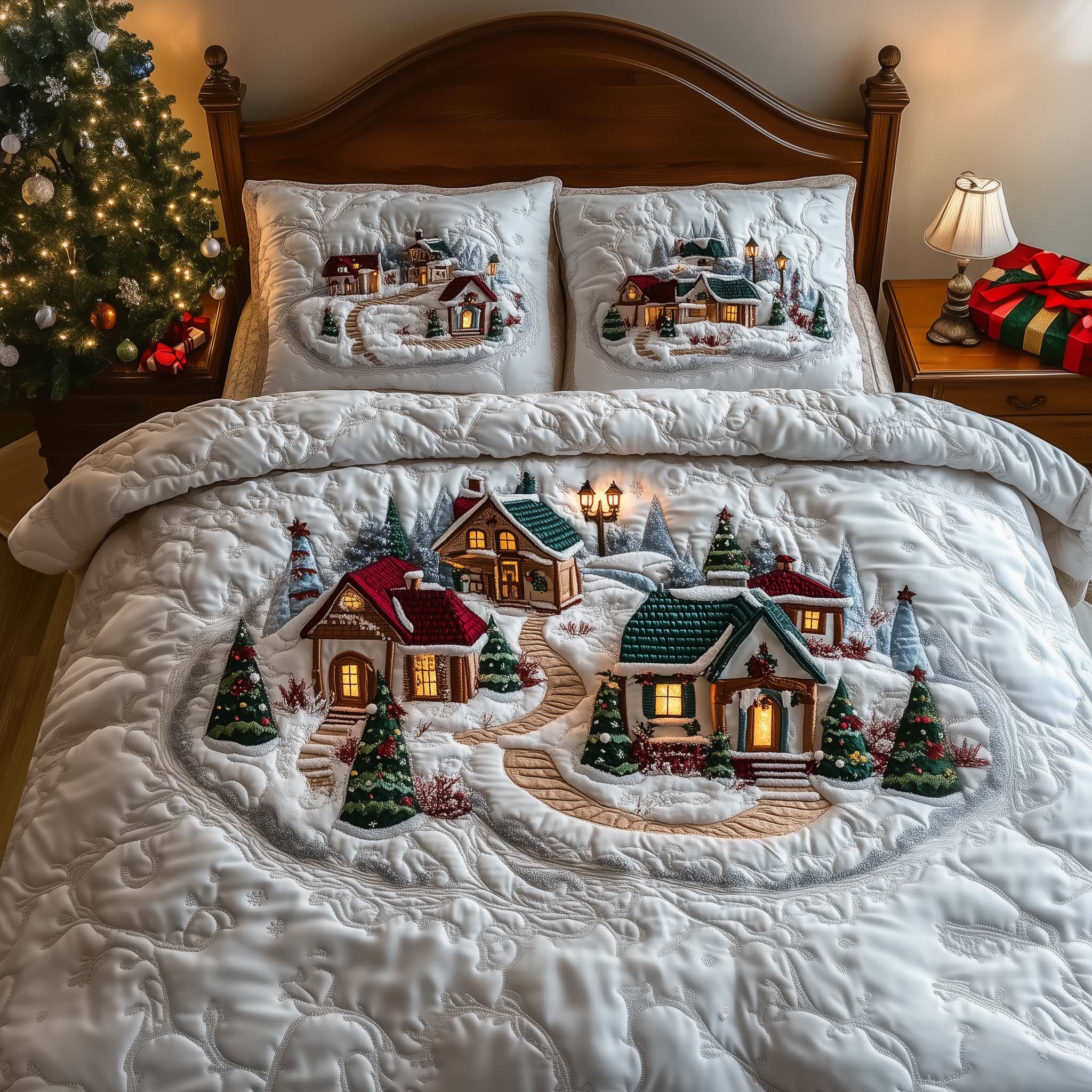 White Village Quilted Bedding Set Christmas Comforter Sets Christmas Presents For Mom