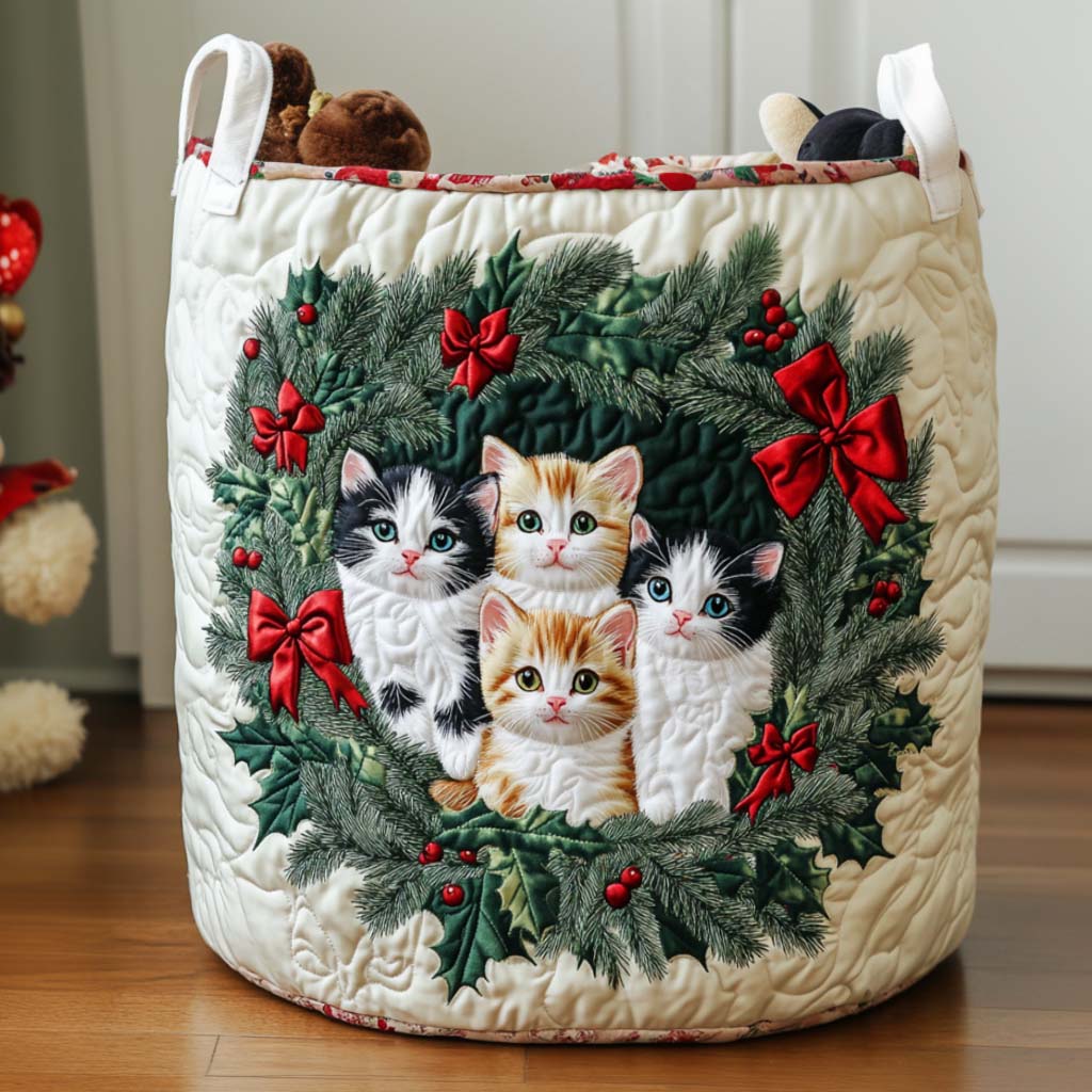 White Winter Cat Quilted Laundry Basket Foldable Laundry Hamper Grandma Grandpa Christmas Gifts