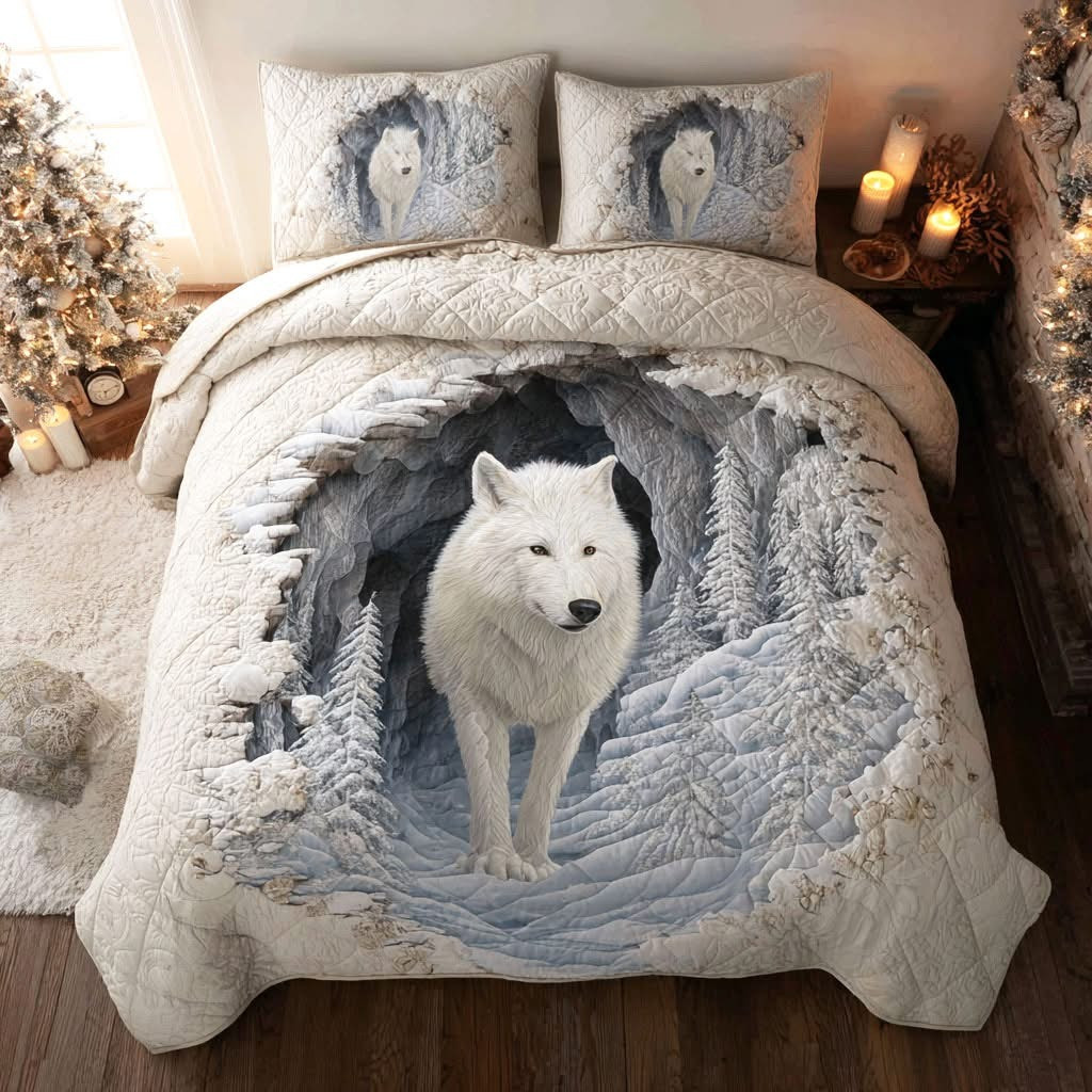 White Wolf Snow Winter Quilted Bedding Set Duvet Cover Wolf Merchandise Themed Gift Items