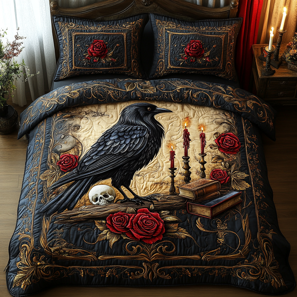 Wicked Raven Quilted Bedding Set Queen Bed Sheets Gifts For Crow Lovers