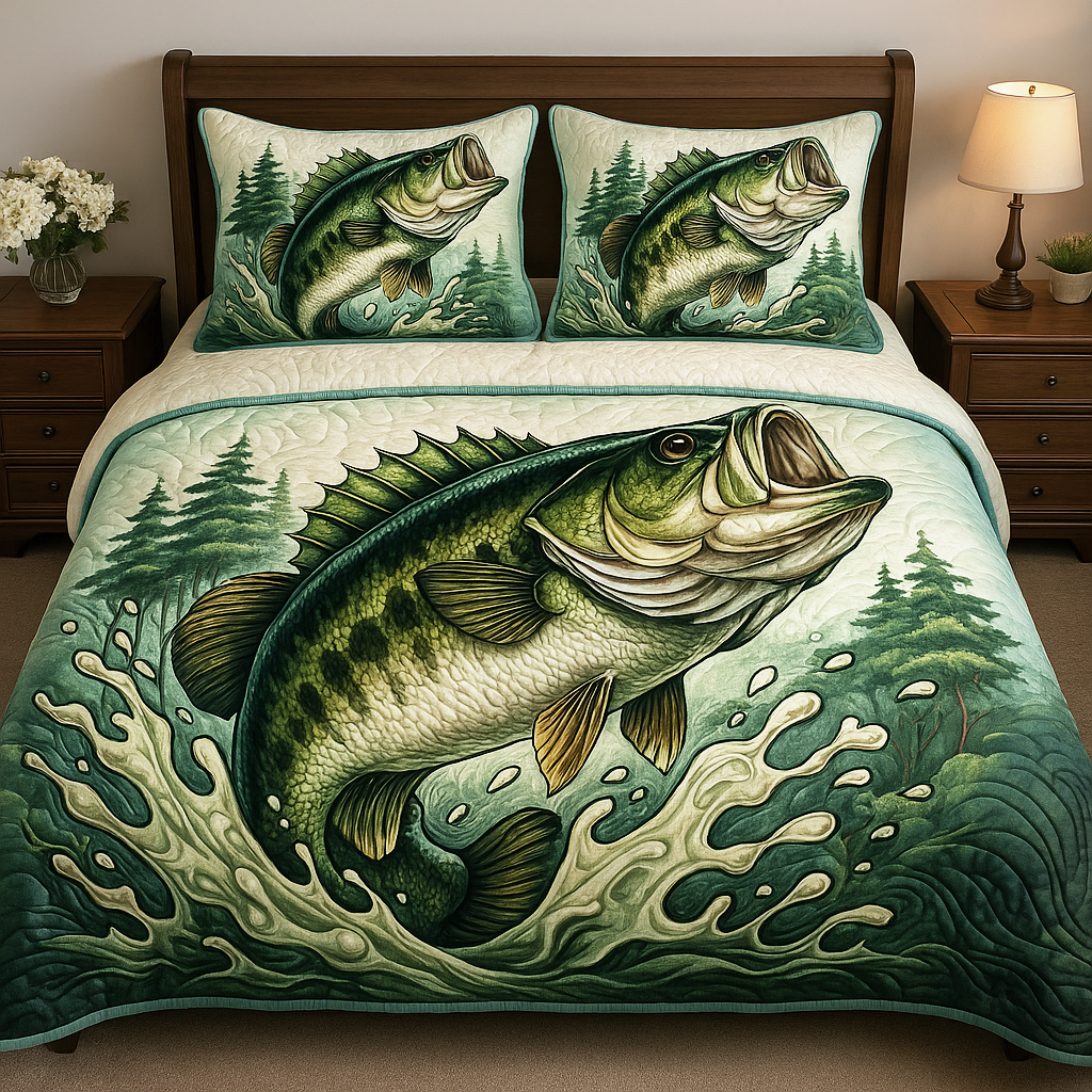 Wild Bass Quilted Bedding Set Bedspread Set Fishing Presents For Him