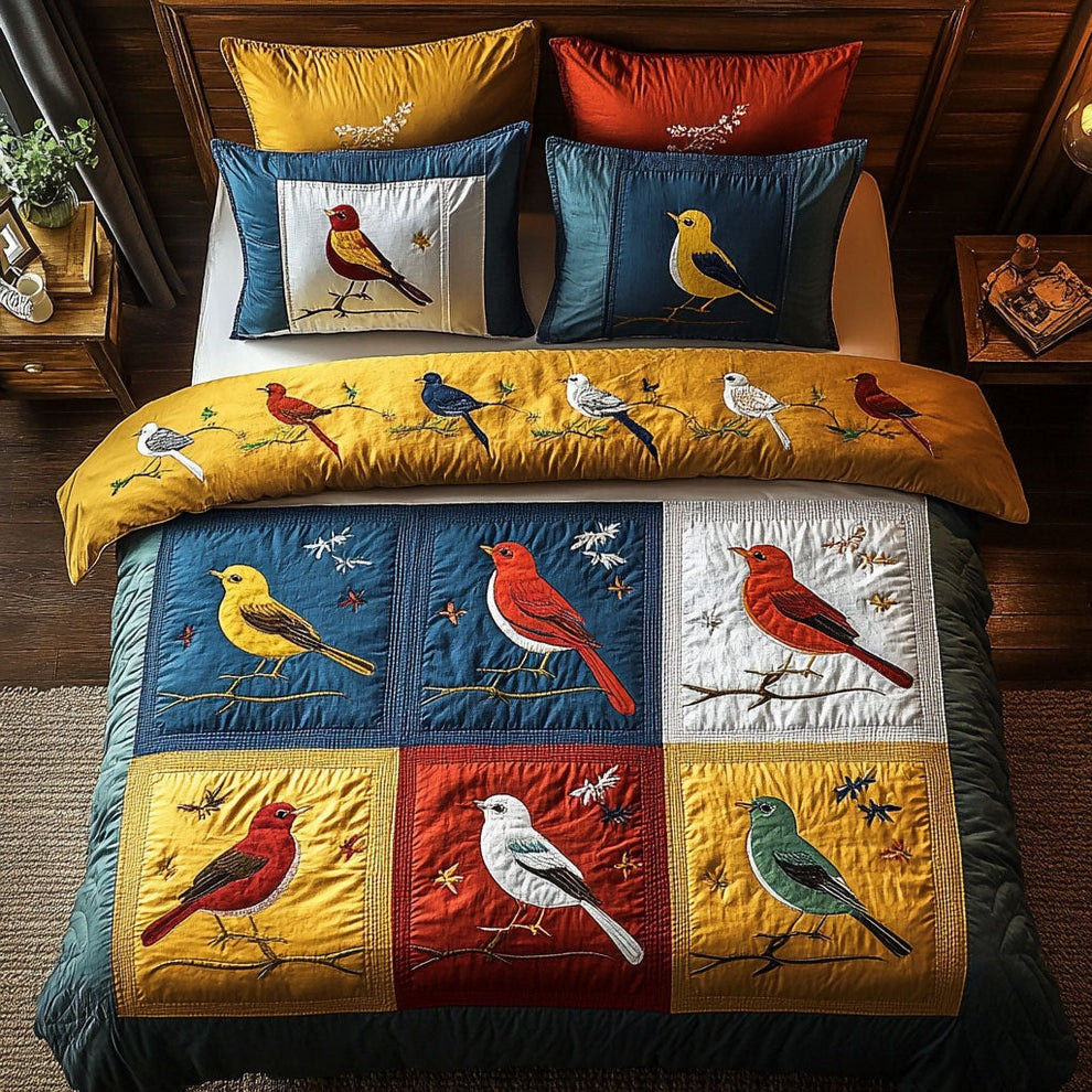 Wild Birds Folk Art Quilted Bedding Set Xmas Ideas Presents For Bird Lovers