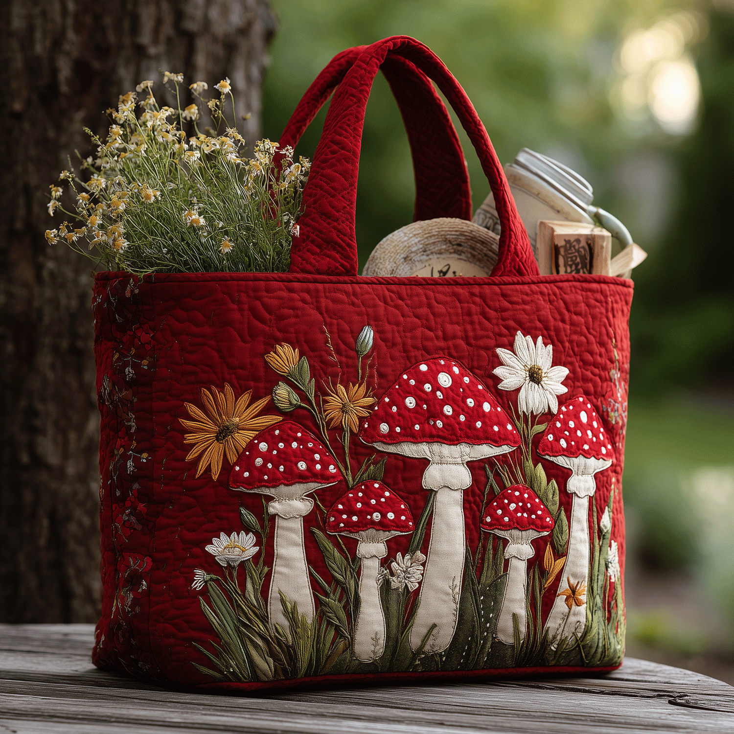 Wild Mushroom Quilted Tote Bag Shoulder Bag Mother Present Ideas