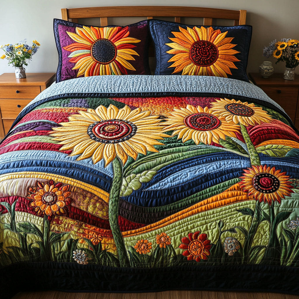 Wild Sunflower Charm Quilted Bedding Set Bed Decorations Sunflower Items For Gifts
