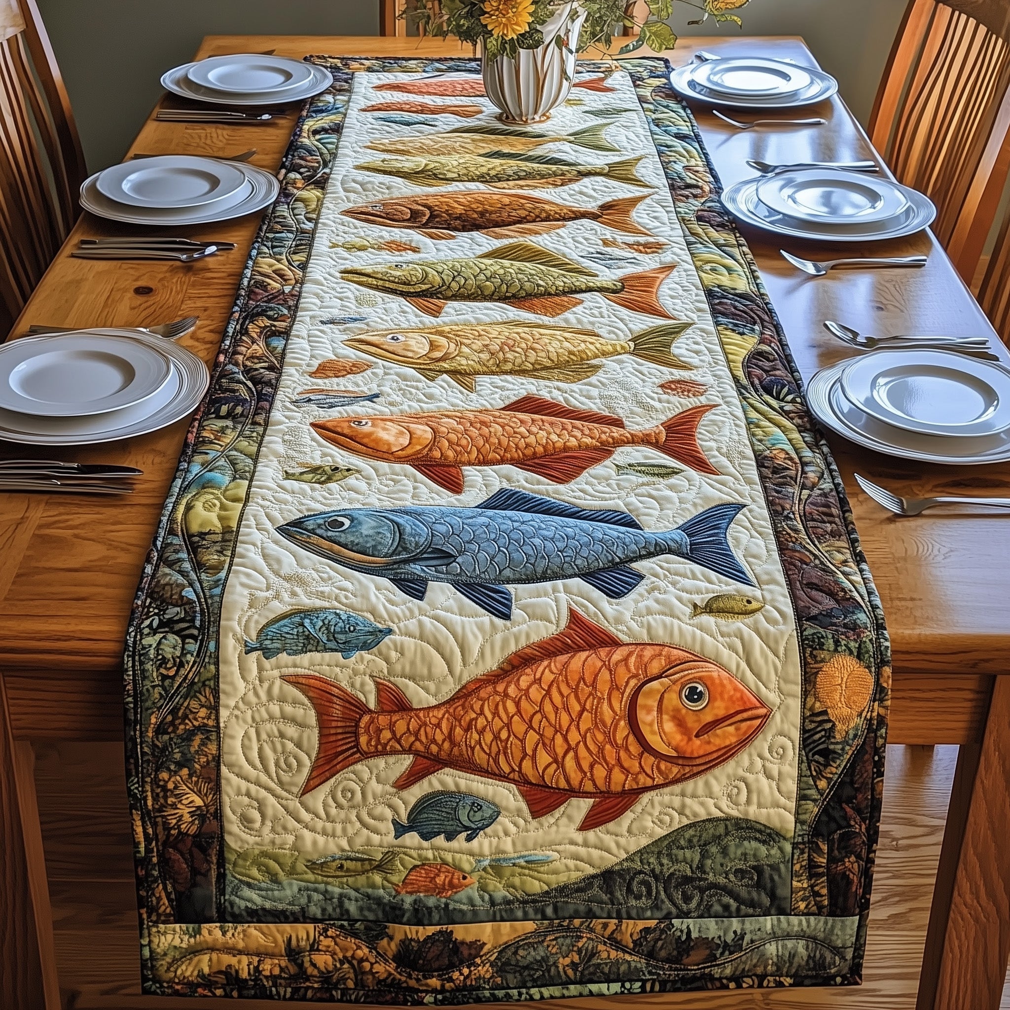 Wild Waters Tapestry Quilted Table Runner Unusual Table Runners Cool Fishing Gifts