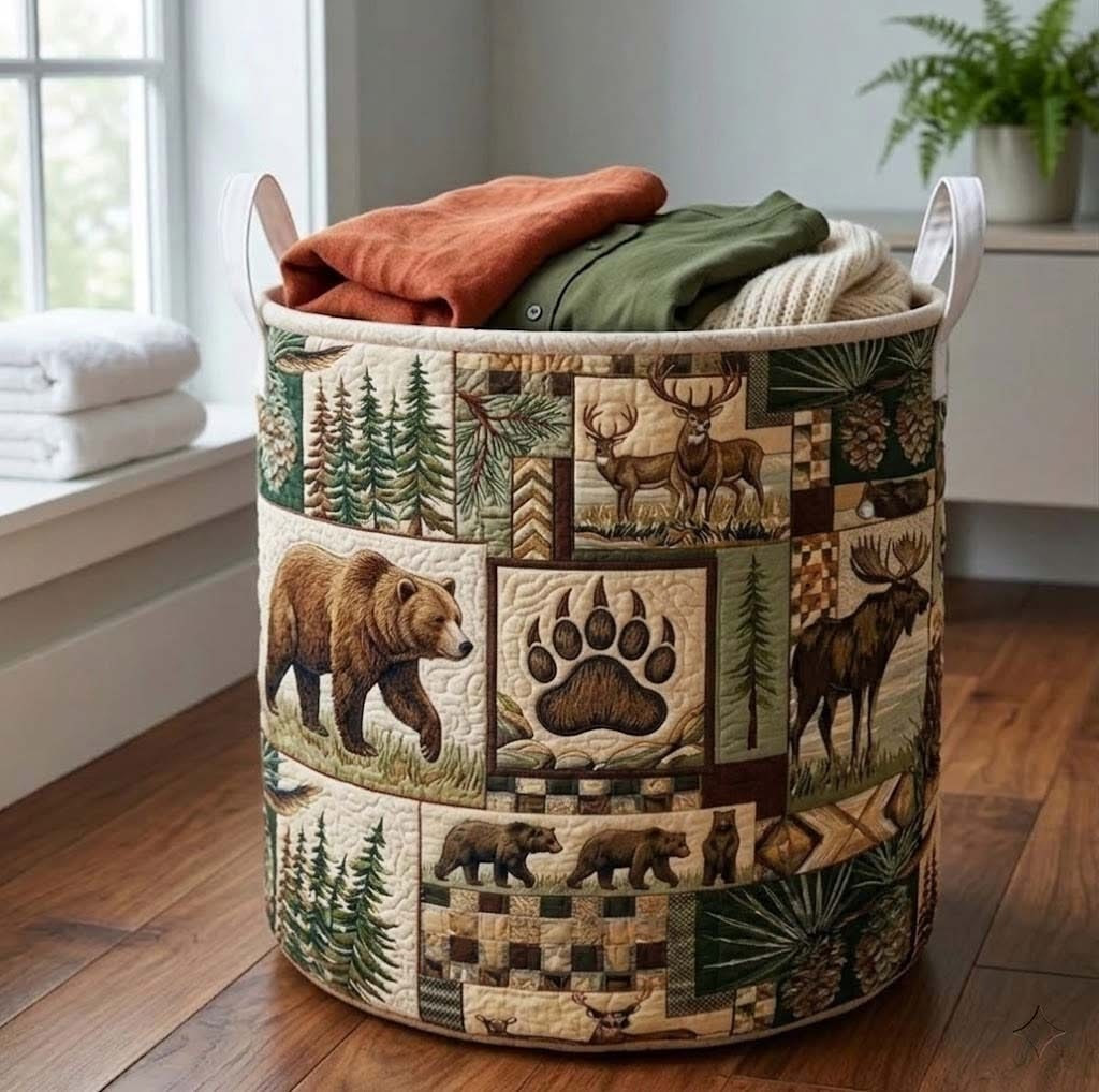 Wilderness Forest Animals Quilted Laundry Basket Woodland Merch Gift For Nature Lovers