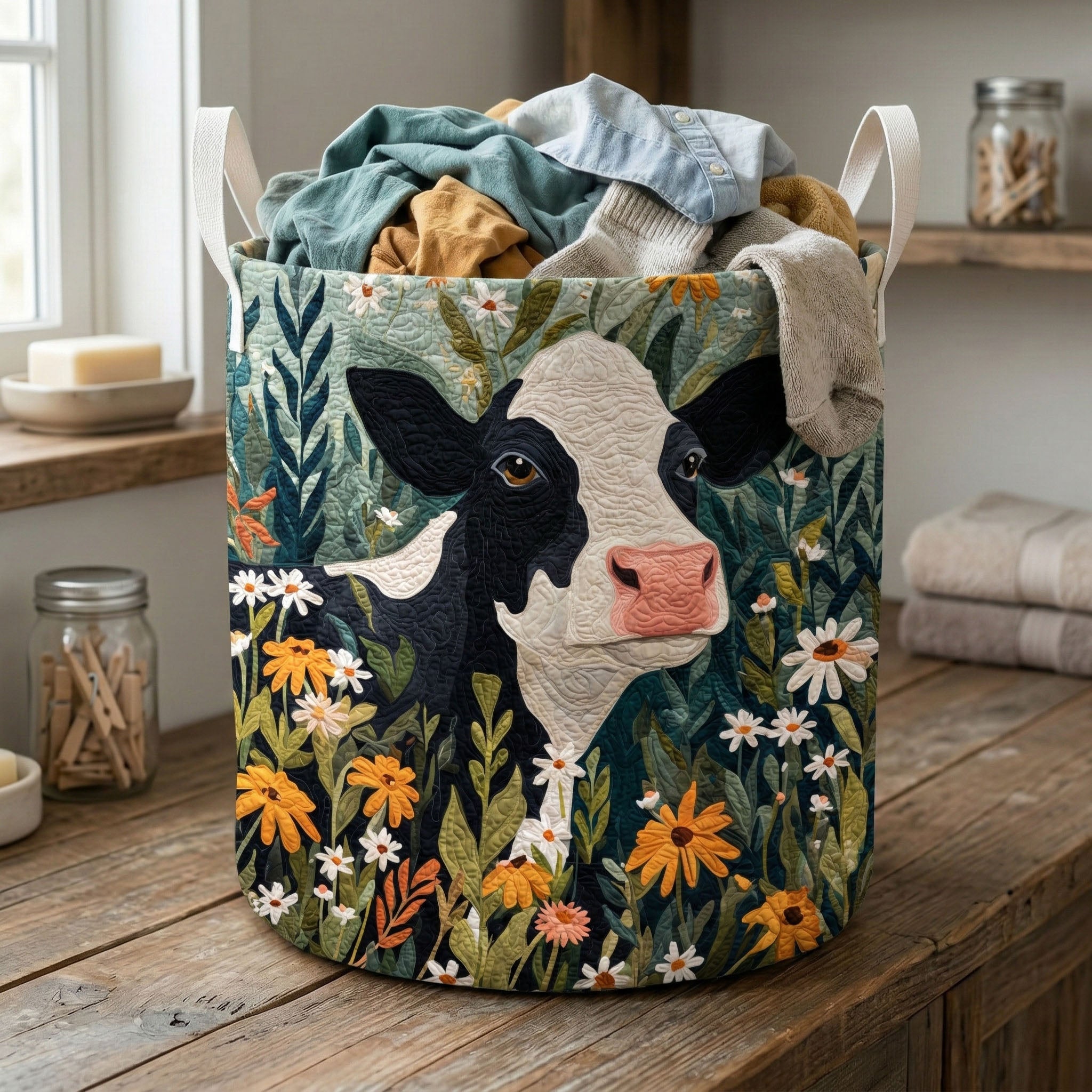 Wildflower Cow Garden Quilted Laundry Basket Clothes Basket Best Presents For Cat Lovers