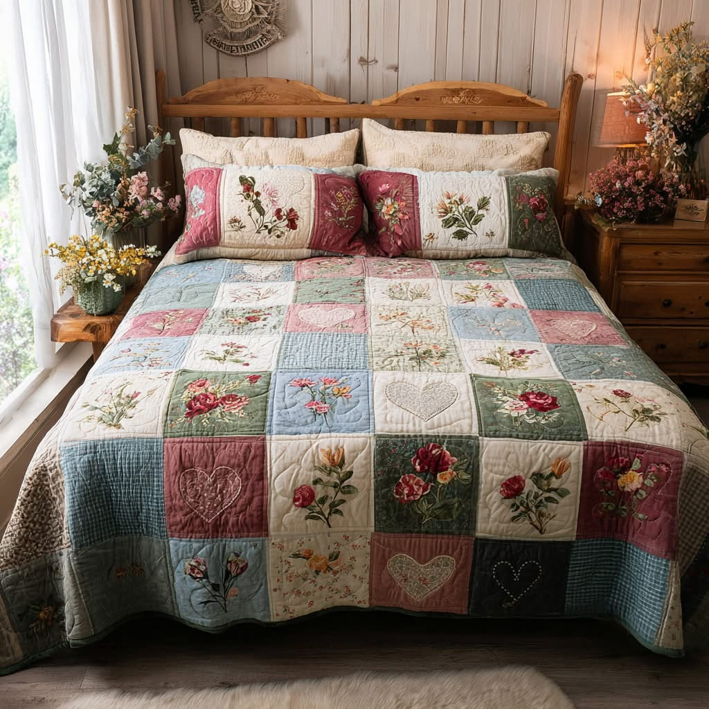 Wildflower Grid Quilted Bedding Set Cute Floral Bedroom Decor Best Gifts For Sisters