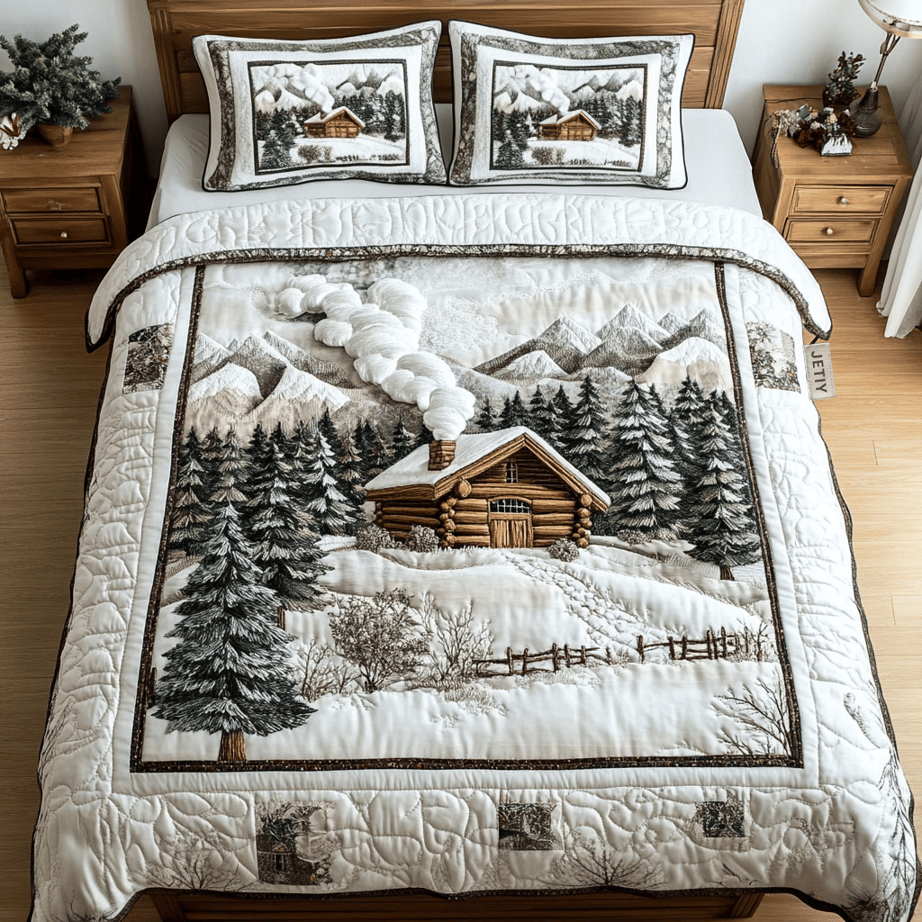 Winter Cabin Mountain Quilted Bedding Set Unique Bed Sheet Set Best Friend Gift Ideas