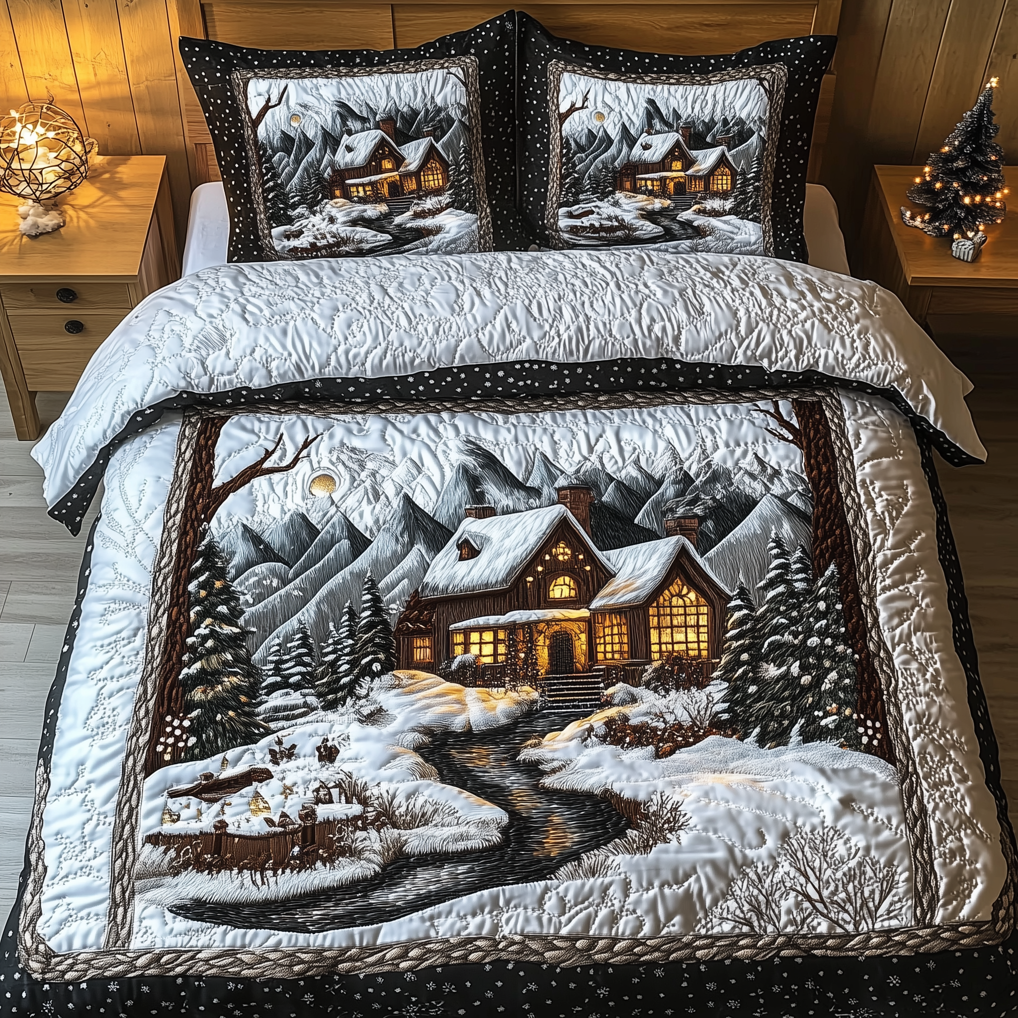 Winter Cabin Night Quilted Bedding Set Christmas Bedspread Sets Xmas Presents For Men