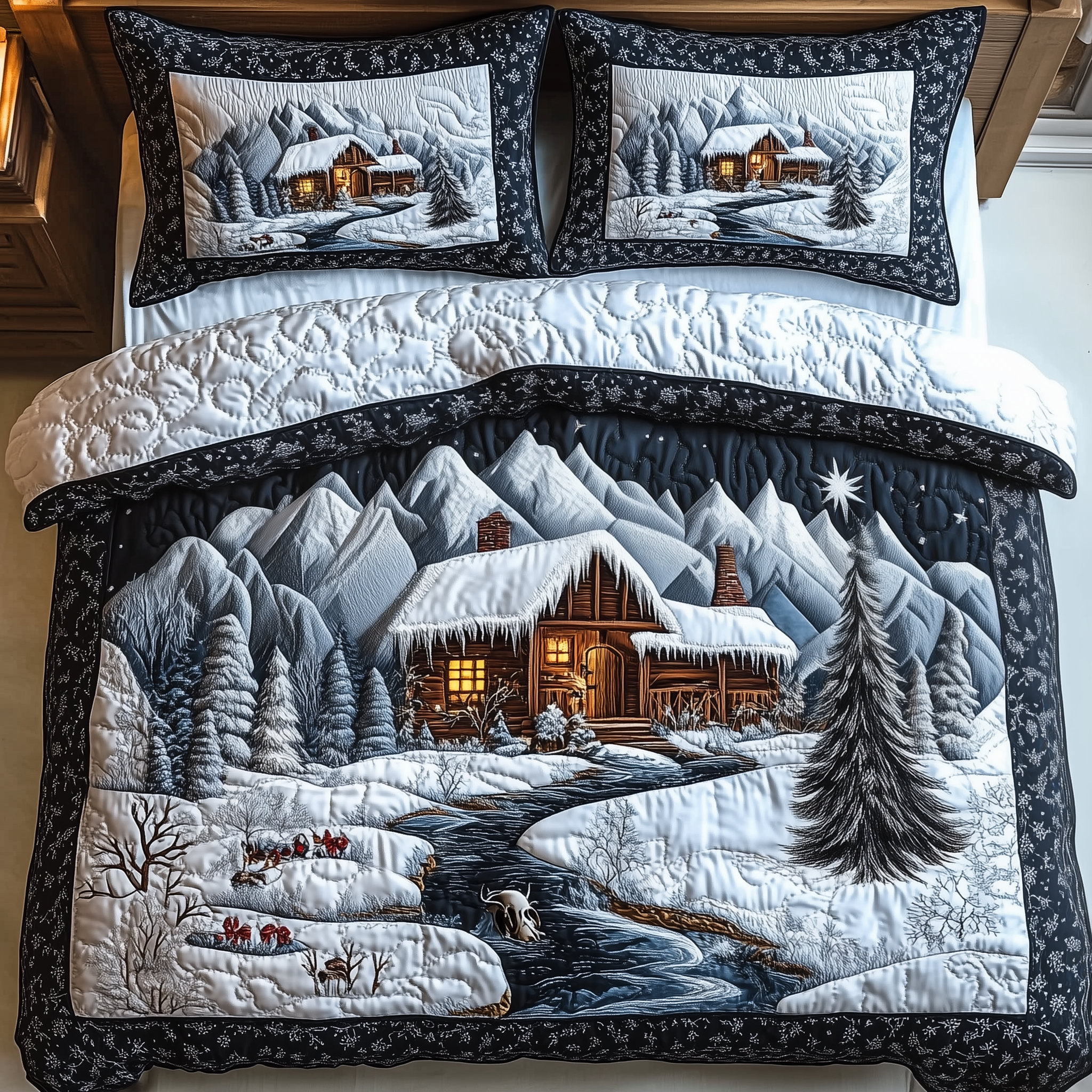 Winter Cabin Night Quilted Bedding Set Xmas Duvet Sets Christmas Gift Ideas For Couples