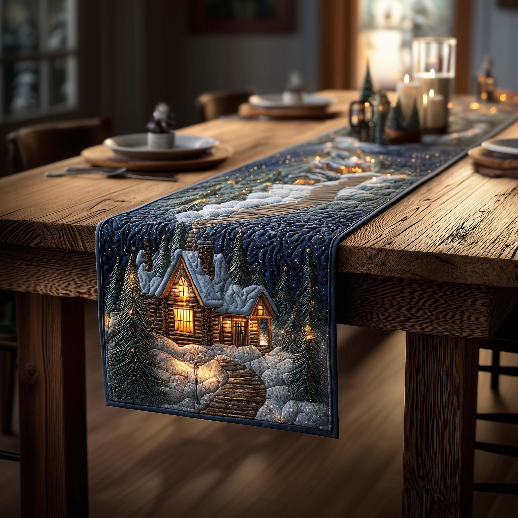 Winter Cabin Quilted Table Runner Holiday Runner Dining Family To Family Christmas Gift Ideas