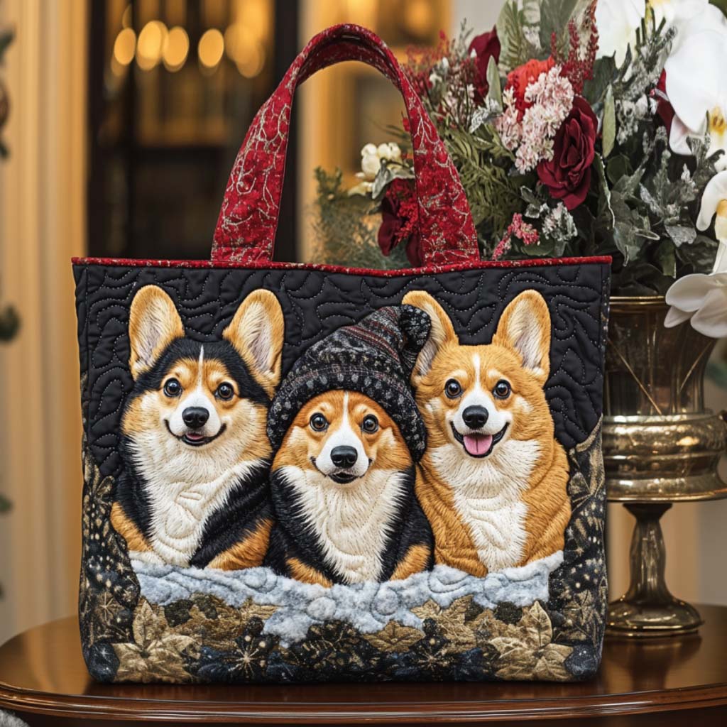 Winter Corgis Quilted Tote Bag Popular Womens Tote Bags Xmas Gift Ideas For Her