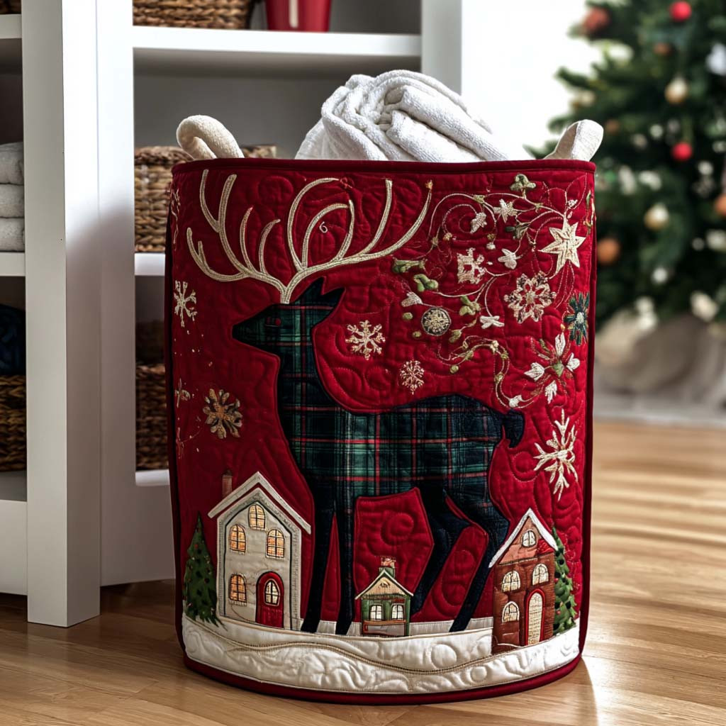 Winter Cottage Reindeer Quilted Laundry Basket Hamper Basket Family Xmas Gift Ideas