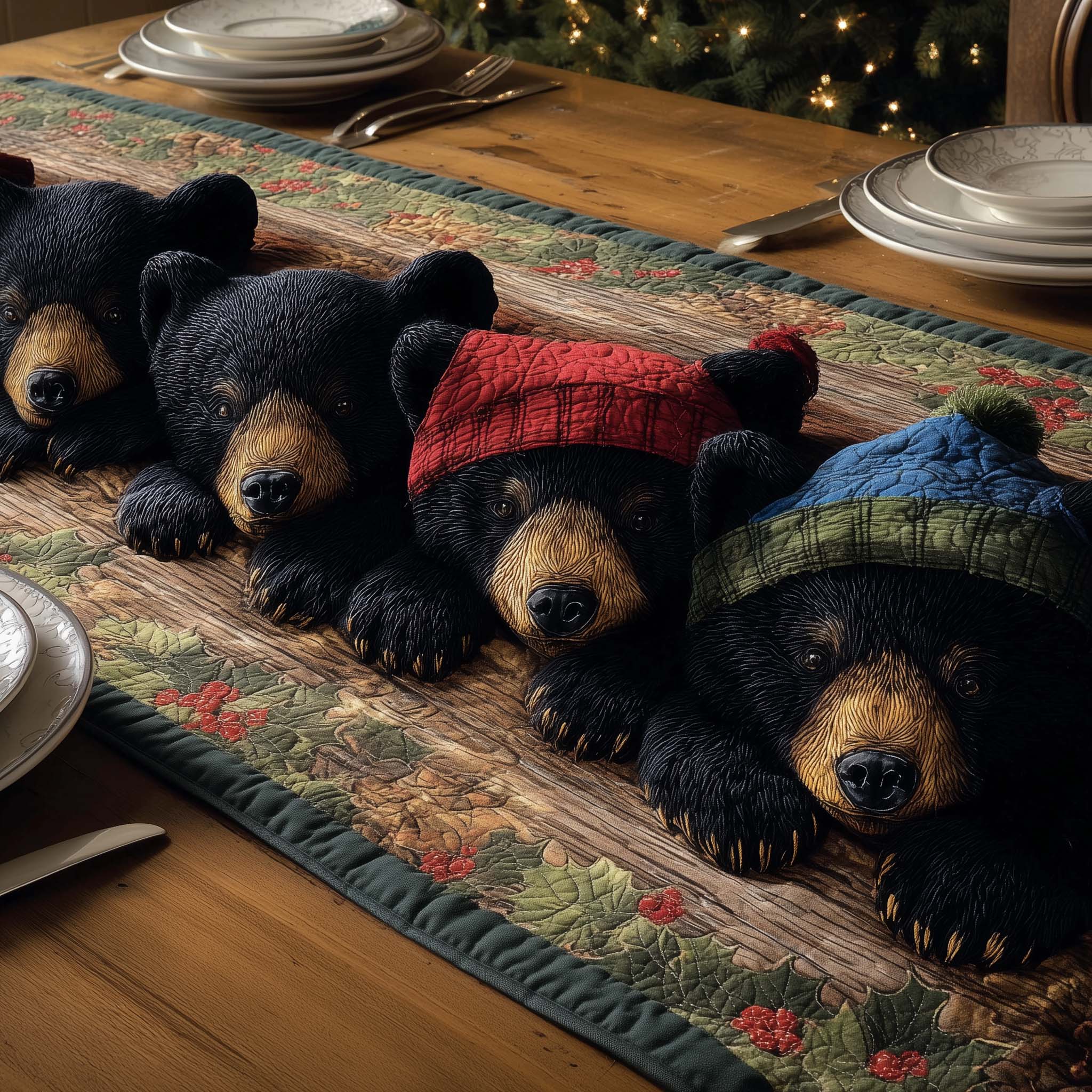 Winter Cubs Quilted Table Runner Elegant Holiday Table Runners Bear Gifts For Her
