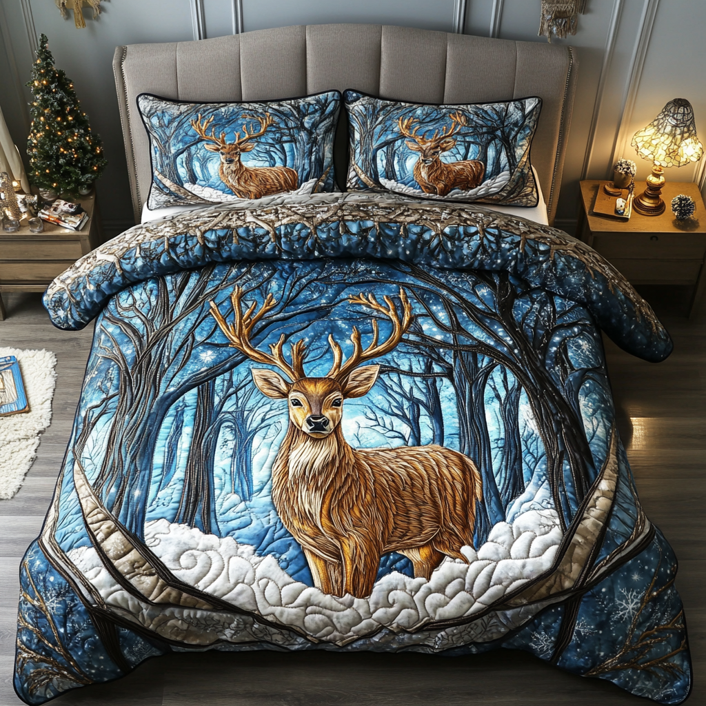 Winter Deer Bliss Quilted Bedding Set Best King Bed Sheets Unique Gifts For Dad