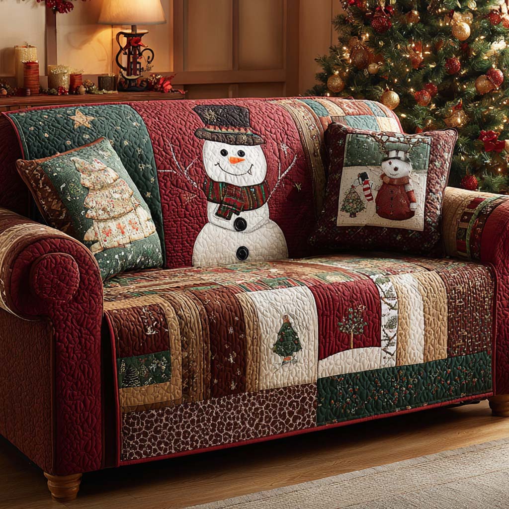Winter Farmhouse Snowmen Quilted Sofa Cover Christmas Living Room Decor Ideas Family Christmas Present Ideas